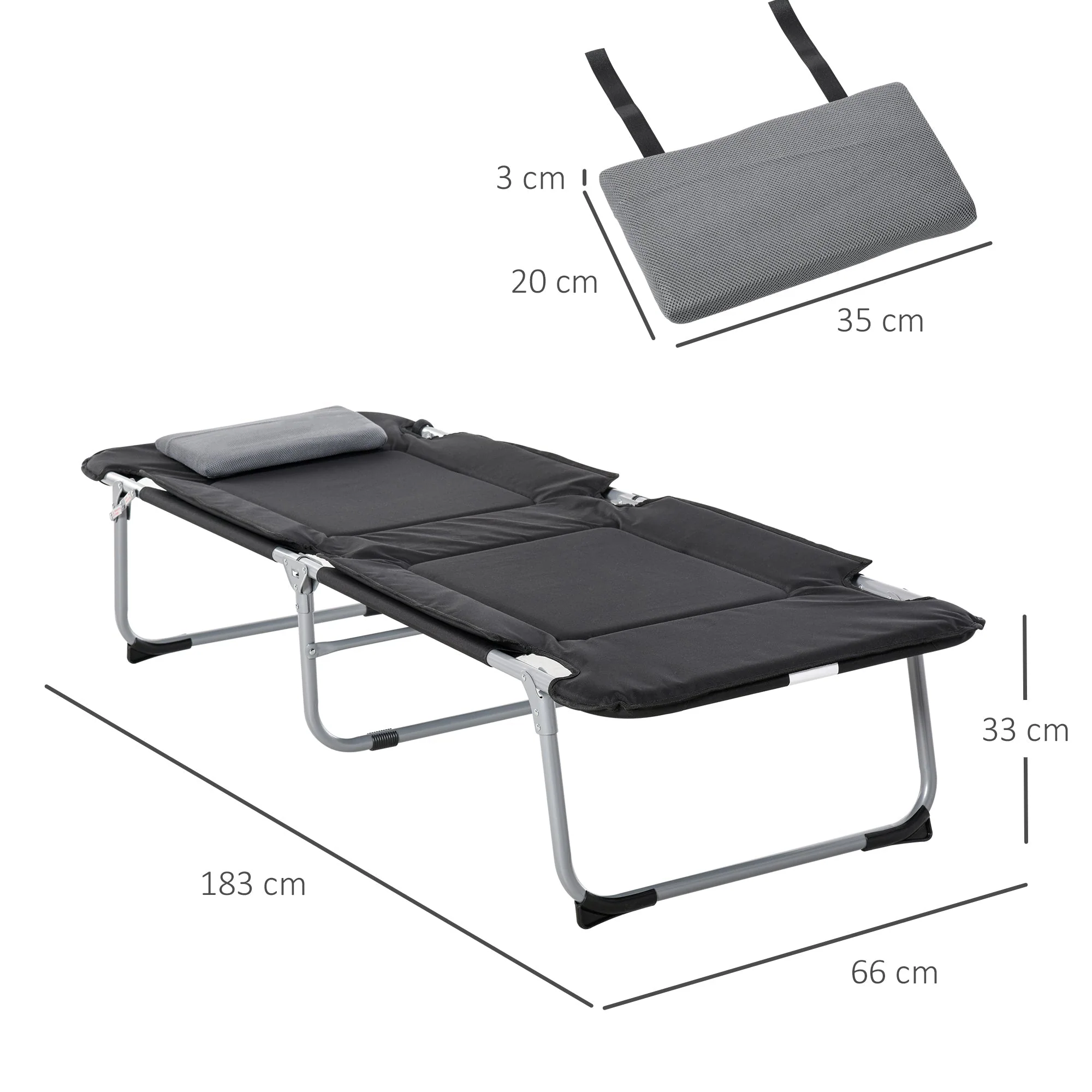 Folding Camping Bed Lightweight Portable with Pillow, Black Silver - Image 3