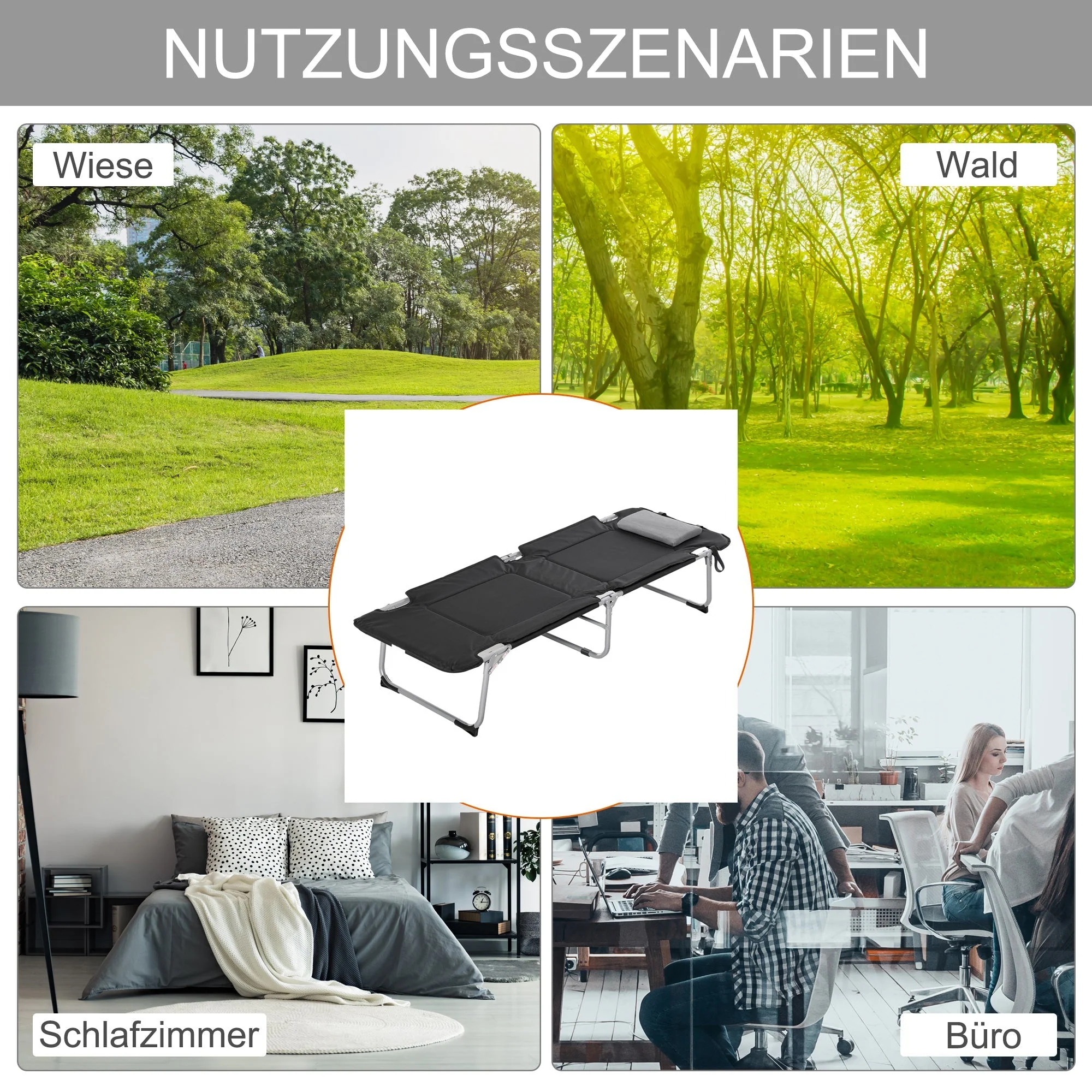 Folding Camping Bed Lightweight Portable with Pillow, Black Silver - Image 4