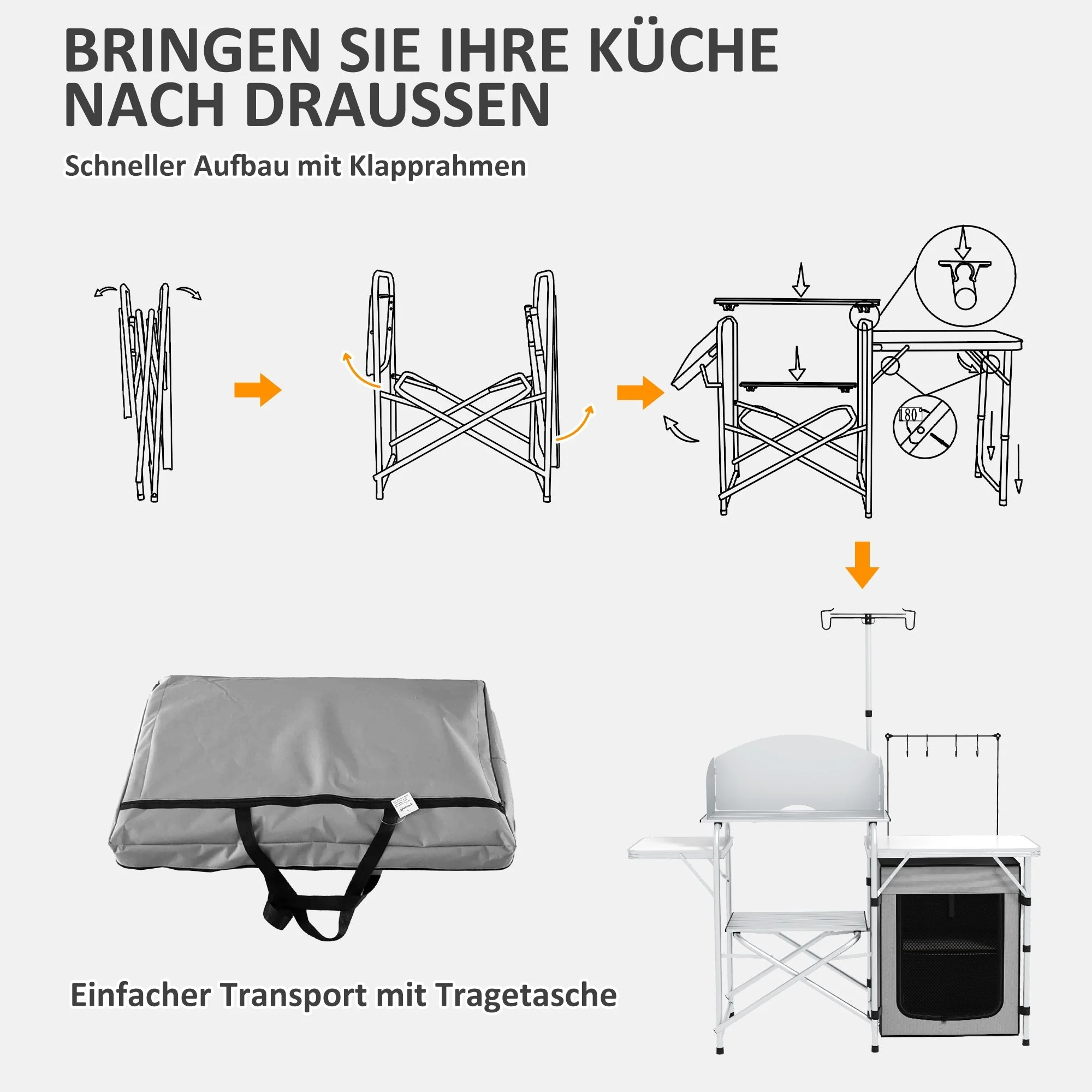 Folding Camping Kitchen, UV & Wind Protection, 3 Worktops, Aluminum - Image 6