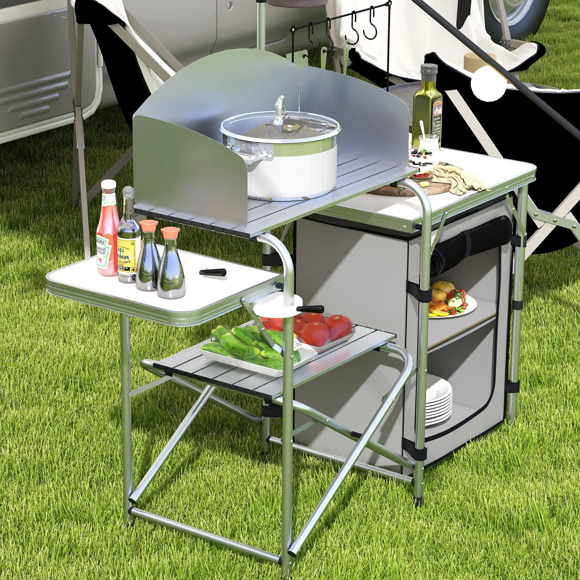 Folding Camping Kitchen, UV & Wind Protection, 3 Worktops, Aluminum - Image 7