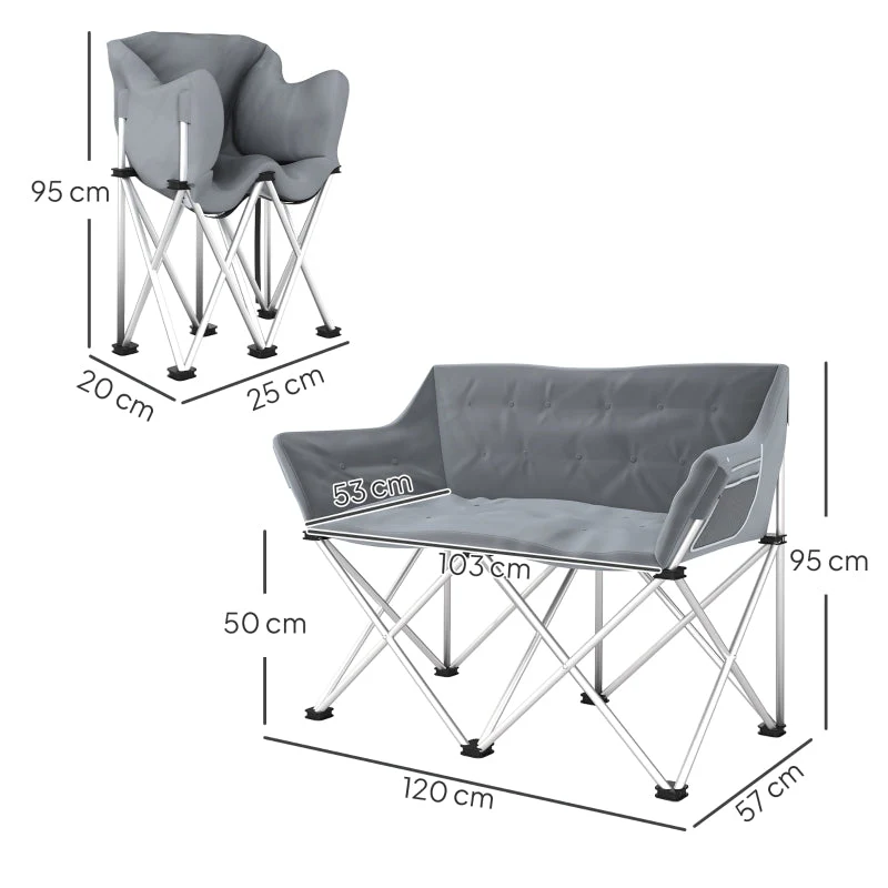 Folding Chair 2 Seater Camping with Armrests Side Pocket, Padded - Image 4