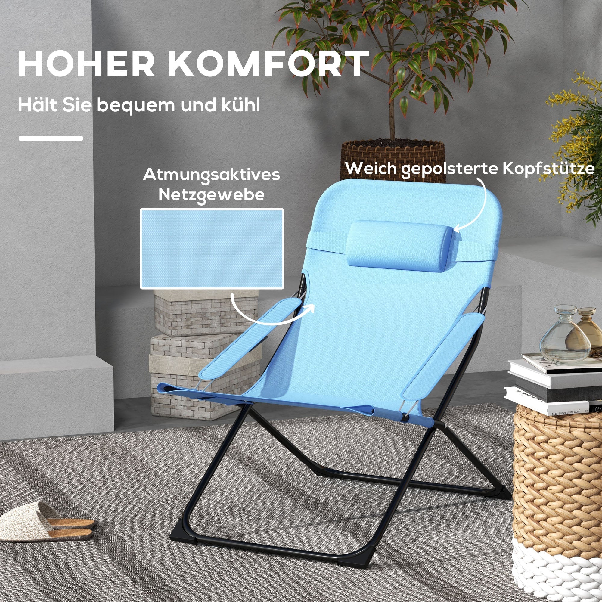 Folding Chair Adjustable Backrest Camping Pillow Mesh Blue - Image 4