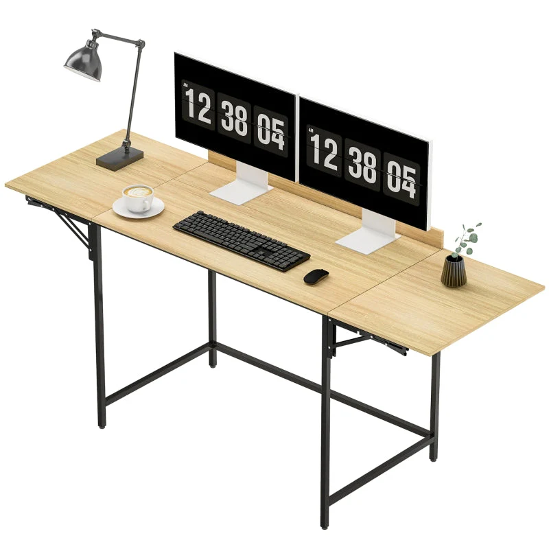 Folding Computer Desk with 2 Pull-out Panels and Sturdy Metal Legs, Oak+Black - Image 2