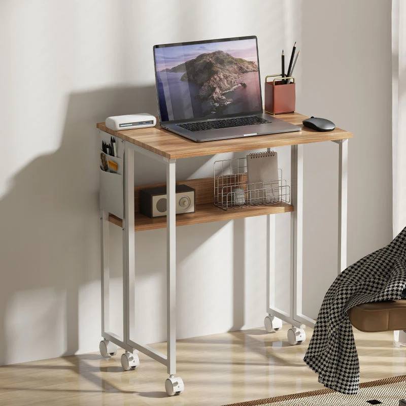 Folding Desk small 63 cm with wheels, shelf, storage bag, natural - Image 7