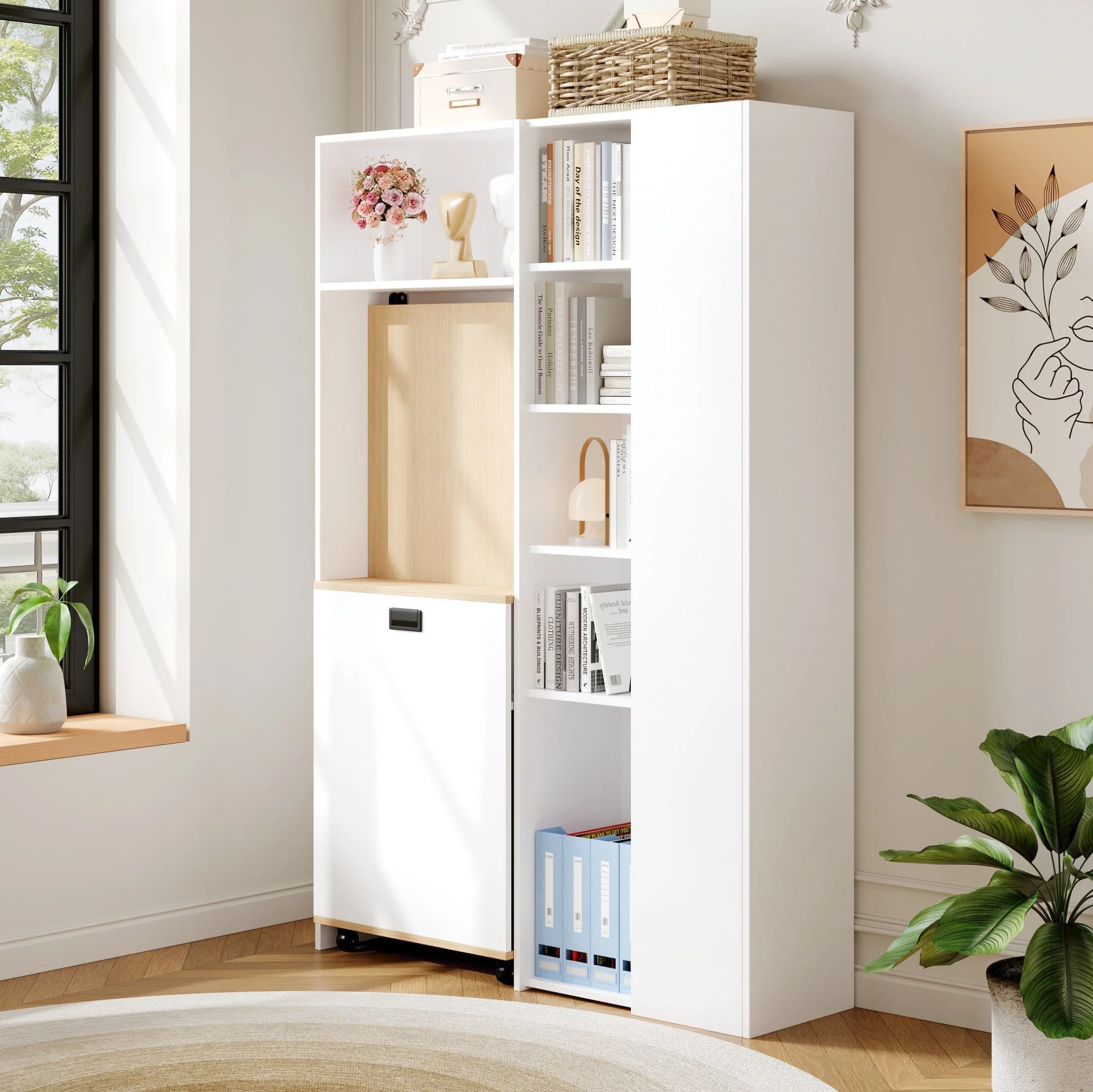 Folding Desk with Shelves, 2-in-1 Bookshelf, USB, Adjustable, White - Image 3