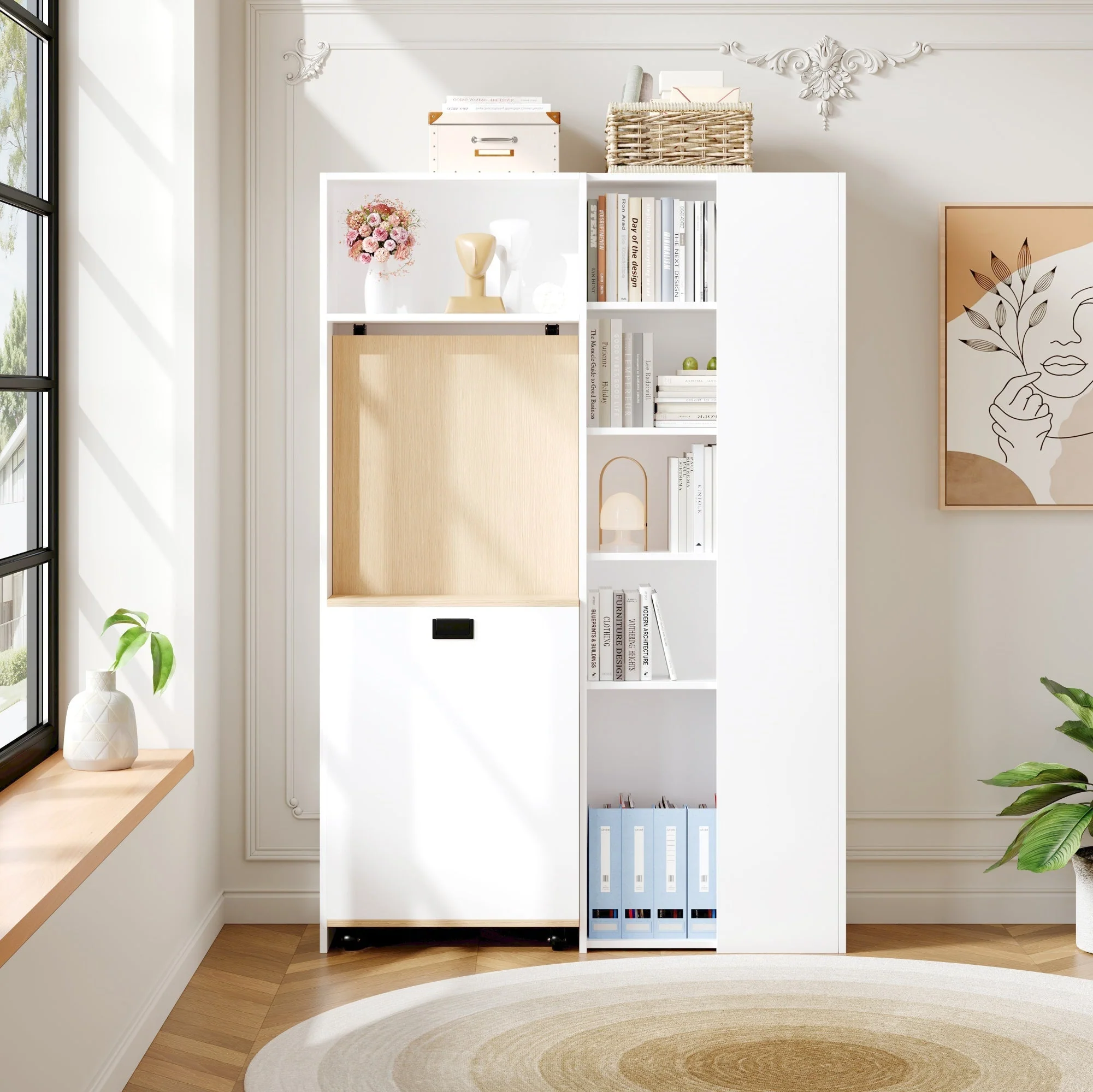 Folding Desk with Shelves, 2-in-1 Bookshelf, USB, Adjustable, White - Image 4