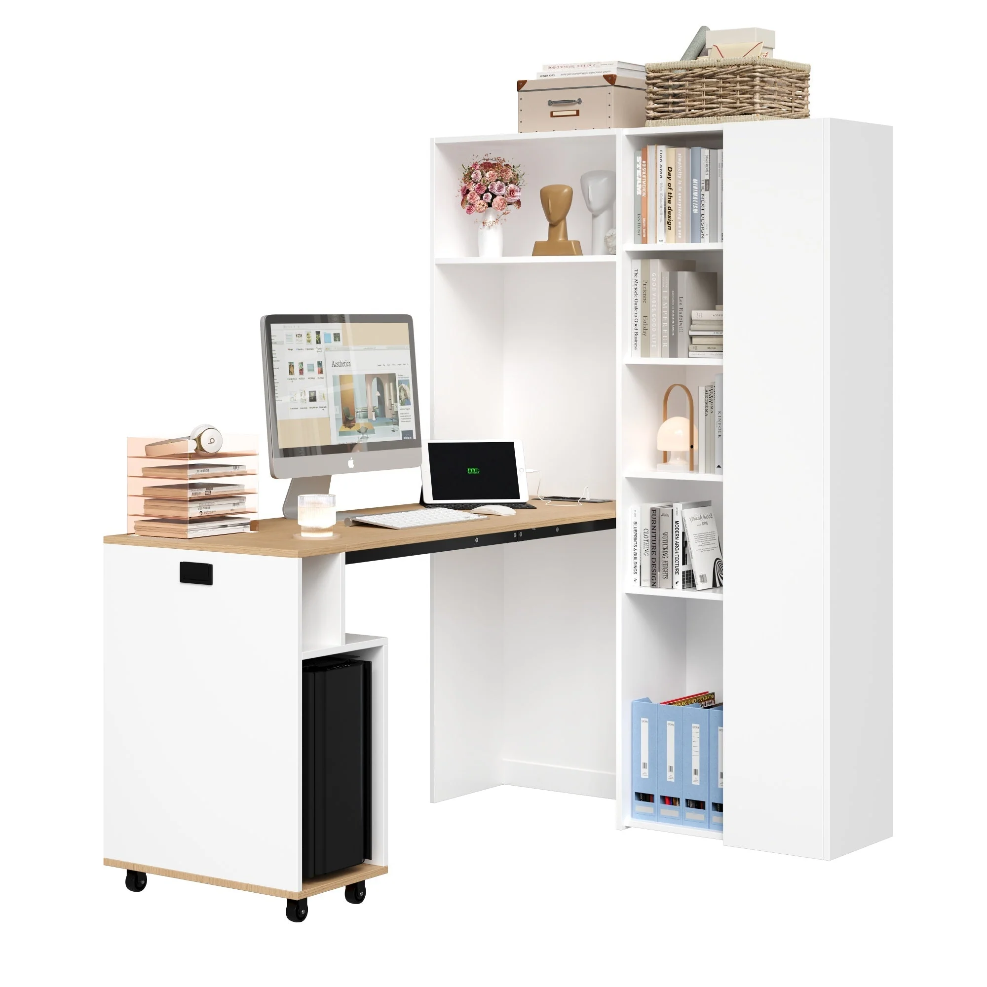 Folding Desk with Shelves, 2-in-1 Bookshelf, USB, Adjustable, White - Image 9