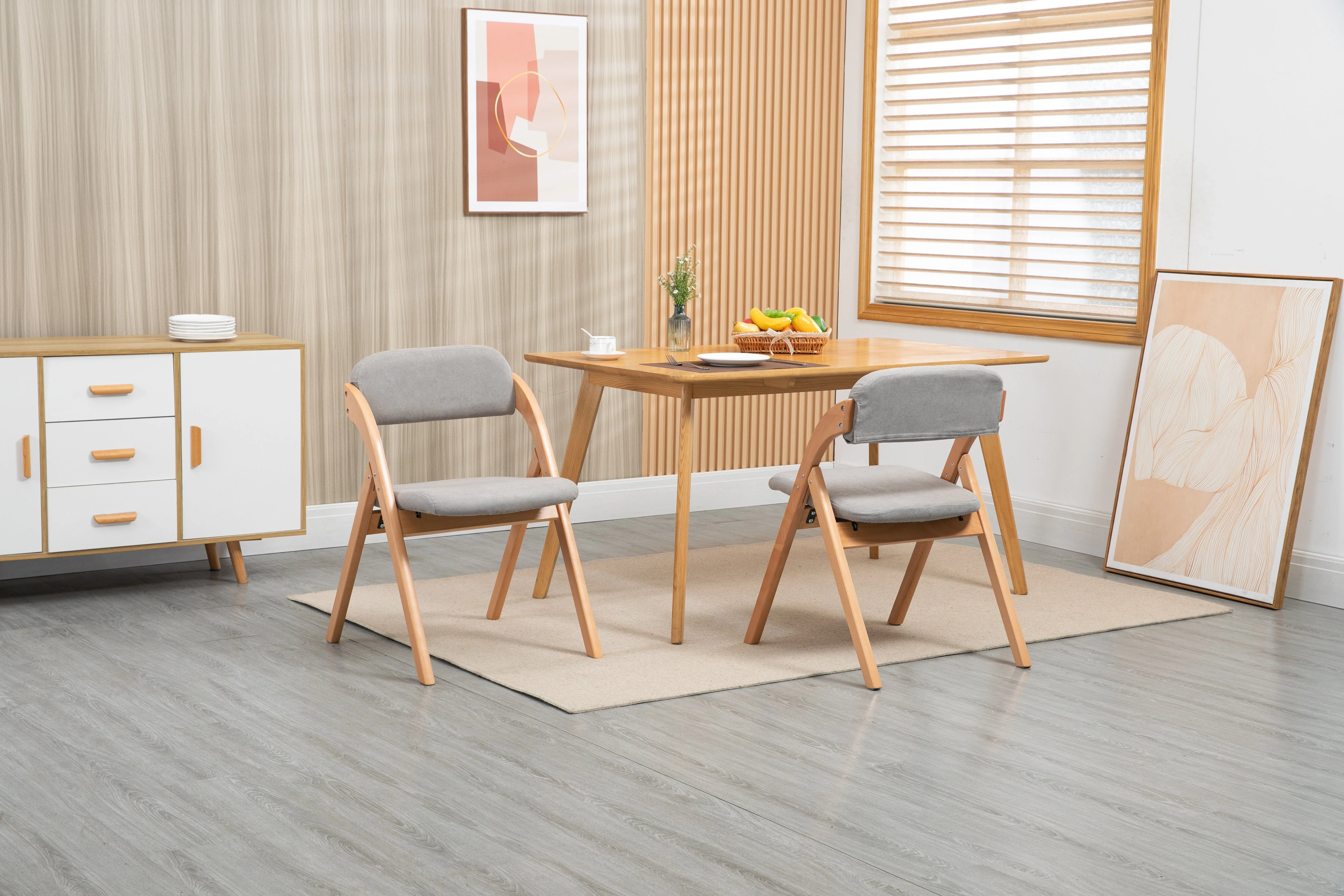 Folding Dining Chairs Set of 2 Padded Stackable Wooden Removable Cover Grey - Image 2