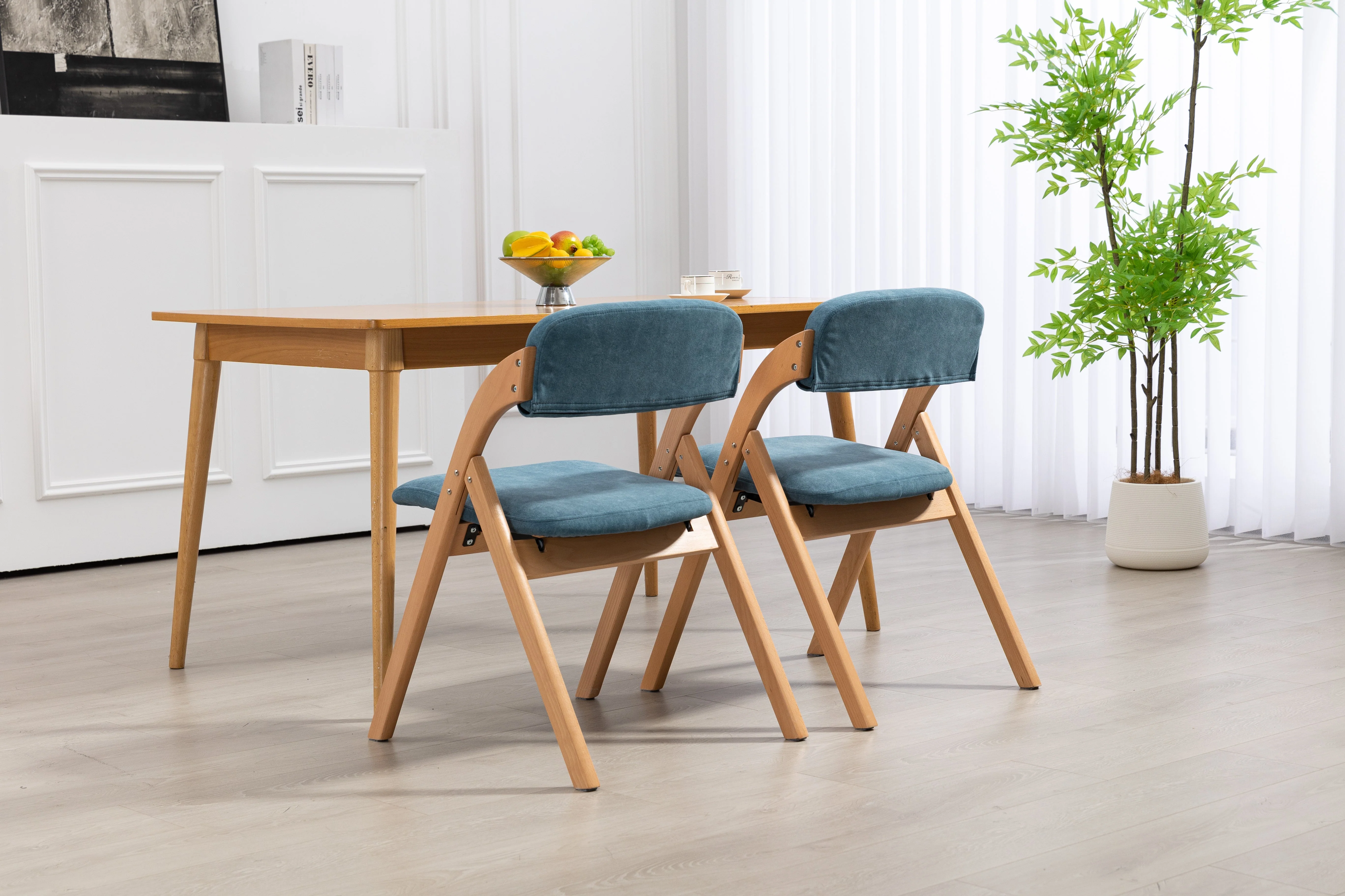 Folding Dining Chairs Set of 2 Stackable Wooden Padded Seats Blue - Image 2