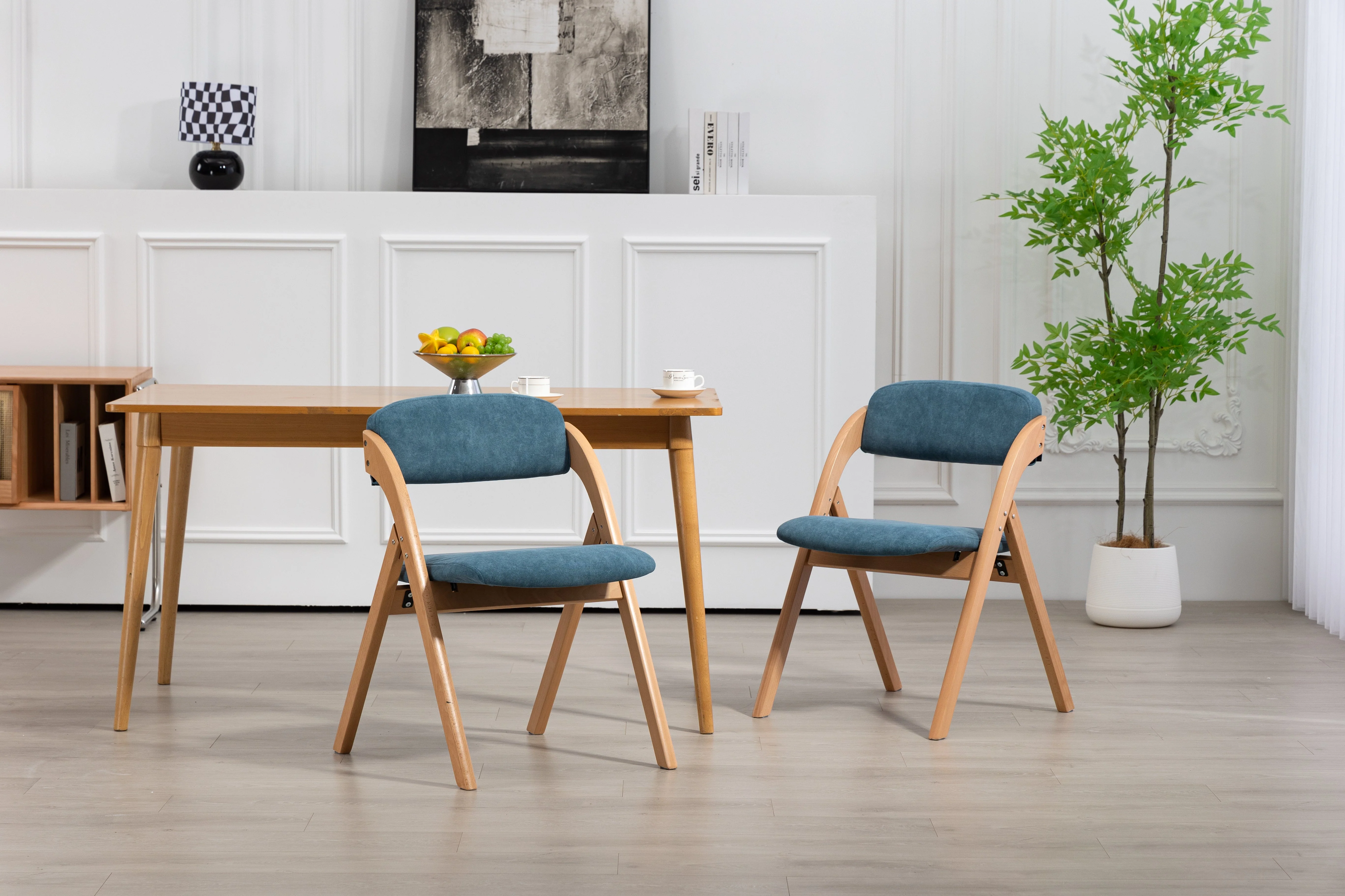 Folding Dining Chairs Set of 2 Stackable Wooden Padded Seats Blue - Image 4