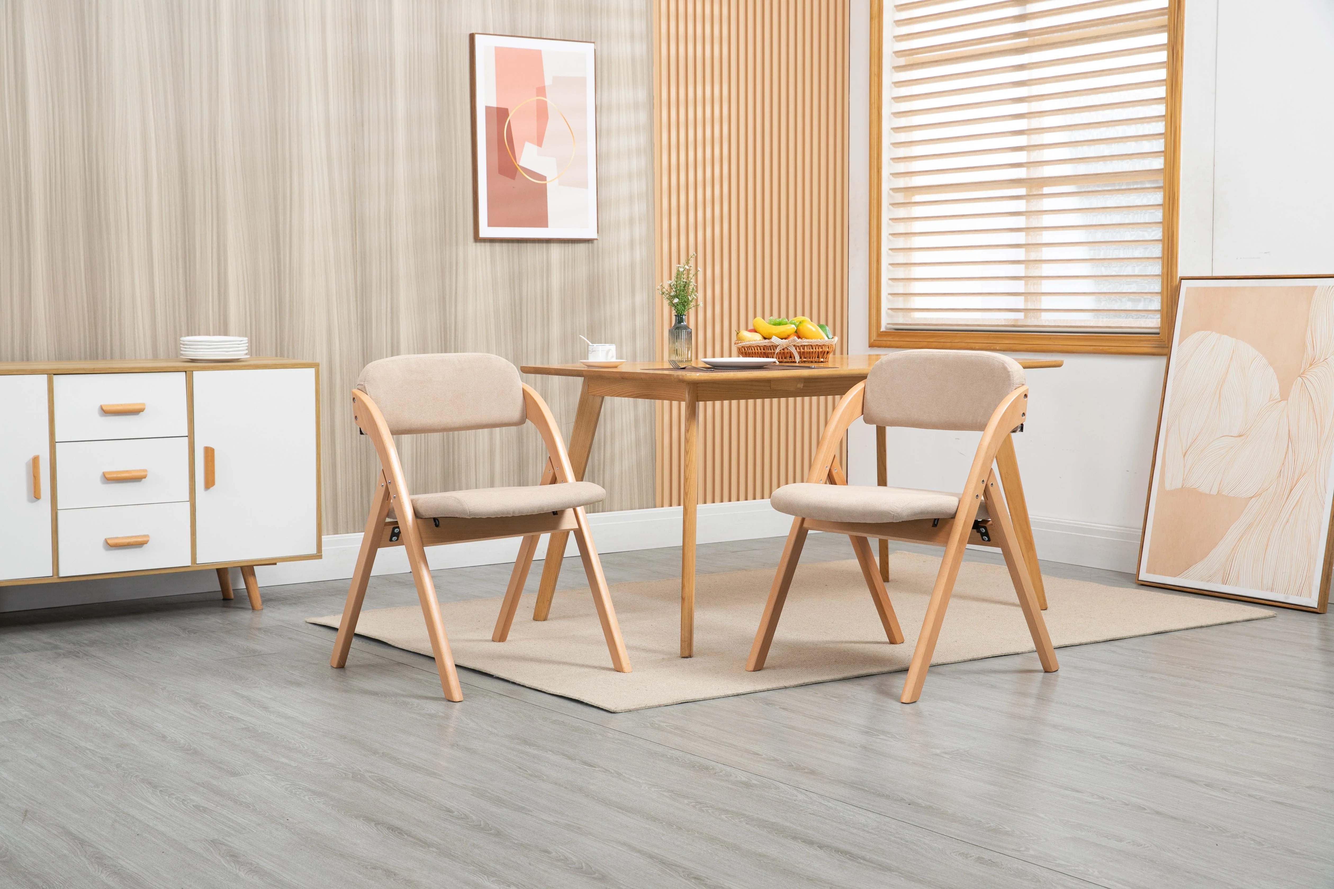Folding Dining Chairs - Set of 2, Wooden Stackable, Padded Seats, Removable Cover - Khaki