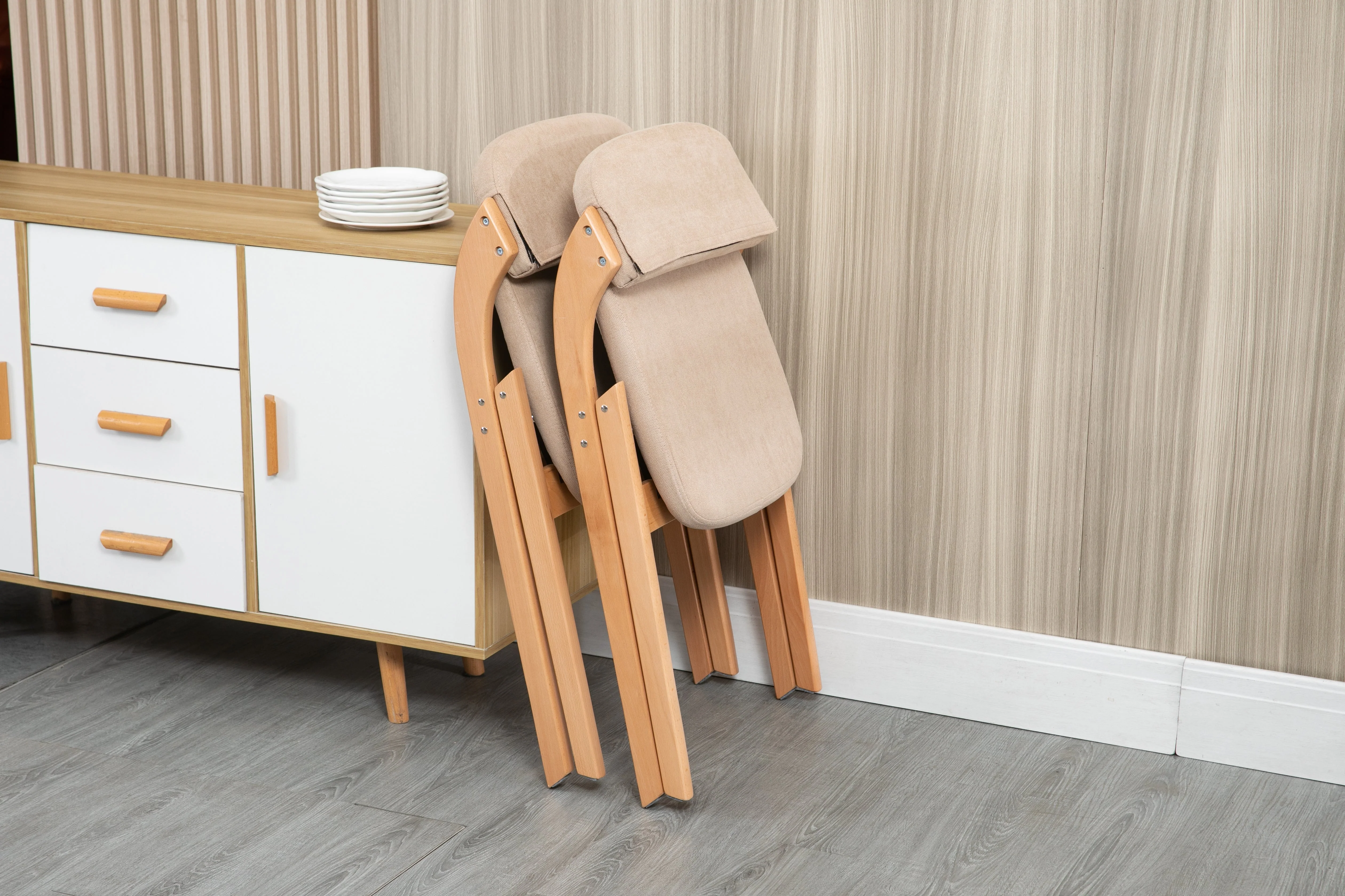 Folding Dining Chairs - Set of 2, Wooden Stackable, Padded Seats, Removable Cover - Khaki - Image 4