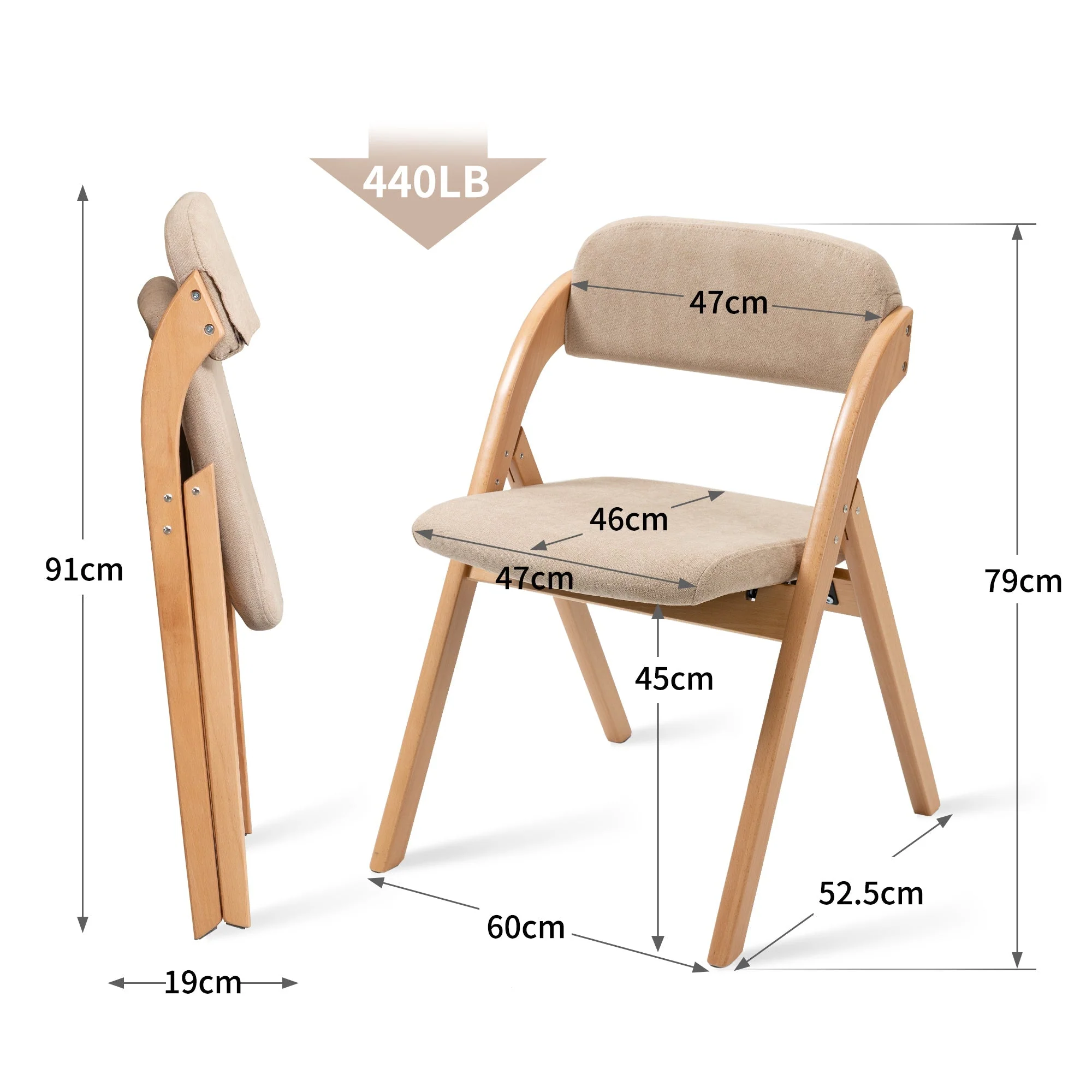 Folding Dining Chairs - Set of 2, Wooden Stackable, Padded Seats, Removable Cover - Khaki - Image 6