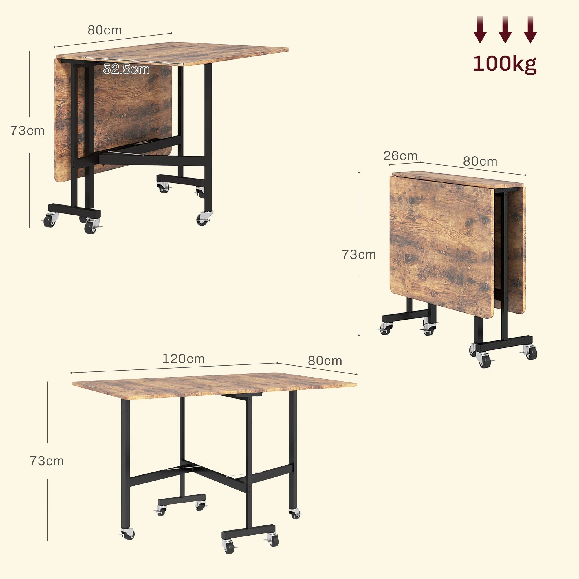 Folding Dining Table, 6 Person, Casters & Brakes, Brown - Image 3