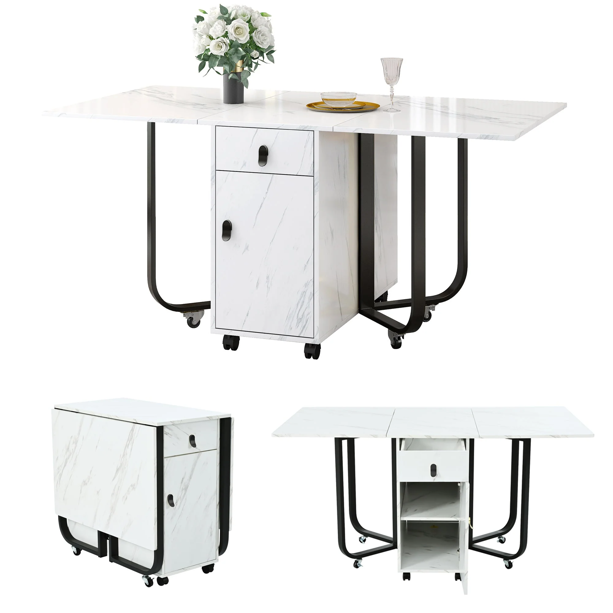 Folding Dining Table, Space-Saving with Cabinet and 2 Drawers, White/Black - Image 2