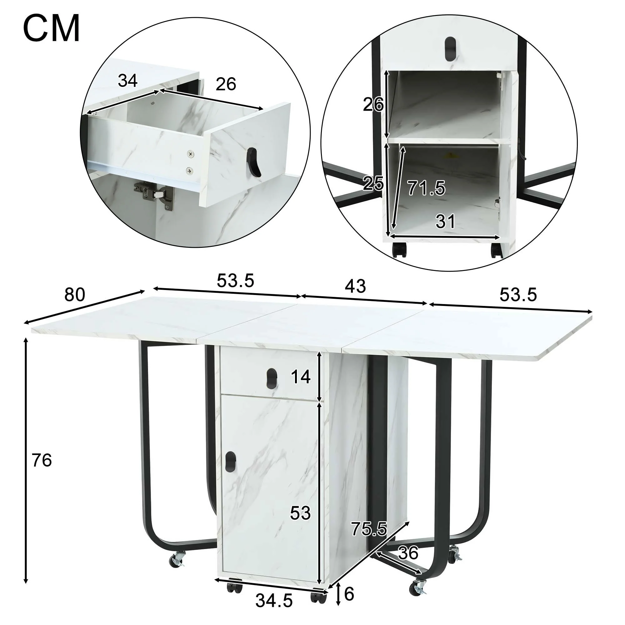 Folding Dining Table, Space-Saving with Cabinet and 2 Drawers, White/Black - Image 5