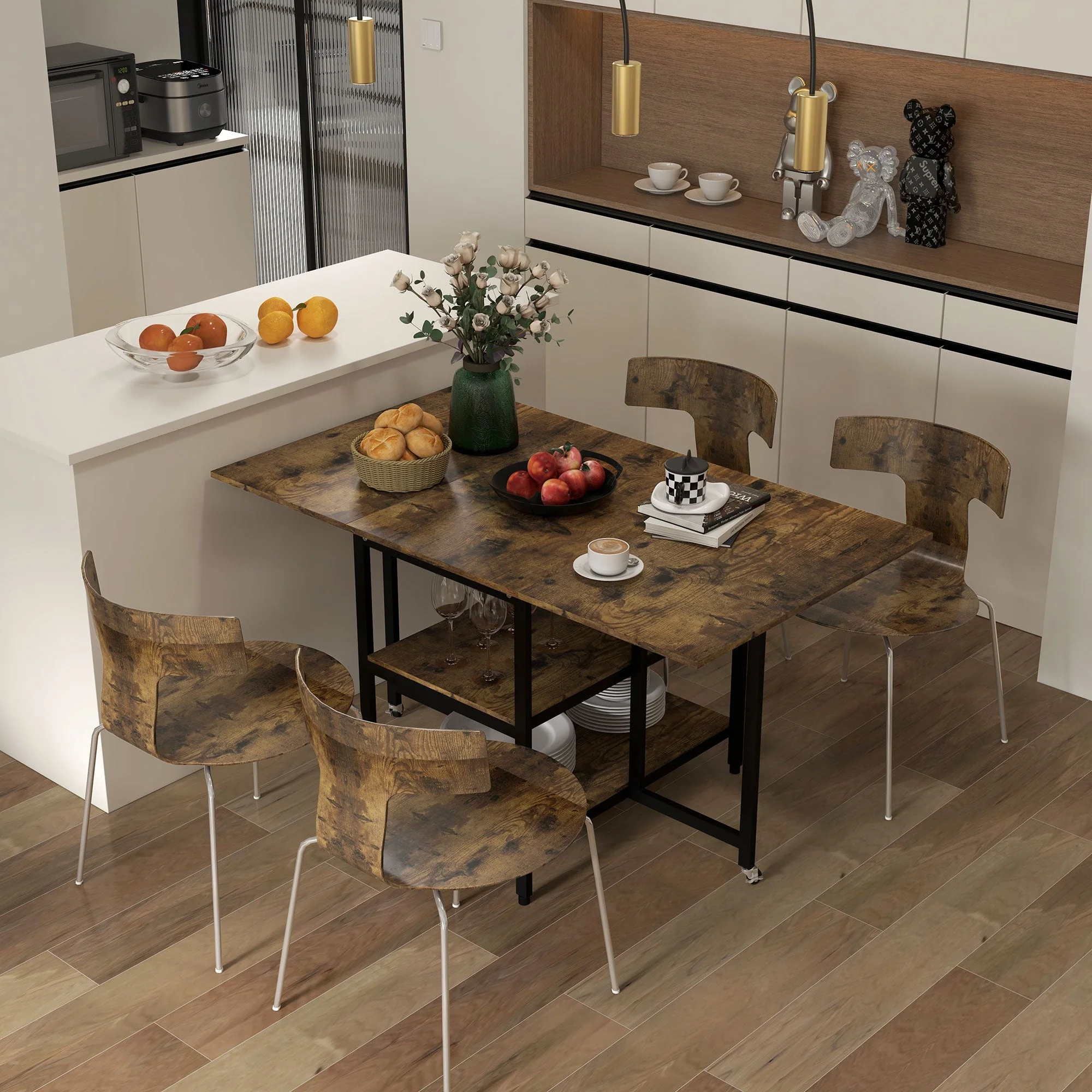 Folding Dining Table, Wheels, 140x80cm, 2-6 People, Rustic Brown Steel - Image 2