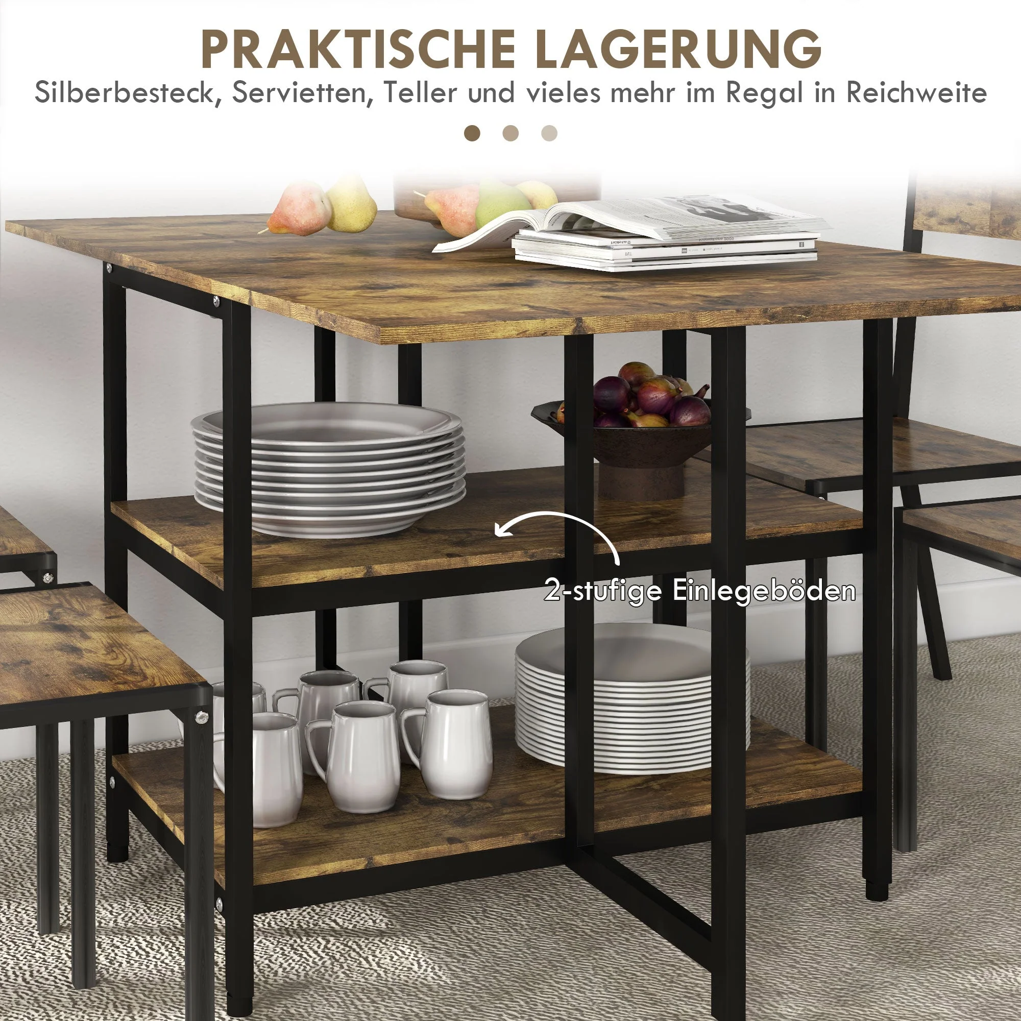 Folding Dining Table, Wheels, 140x80cm, 2-6 People, Rustic Brown Steel - Image 6
