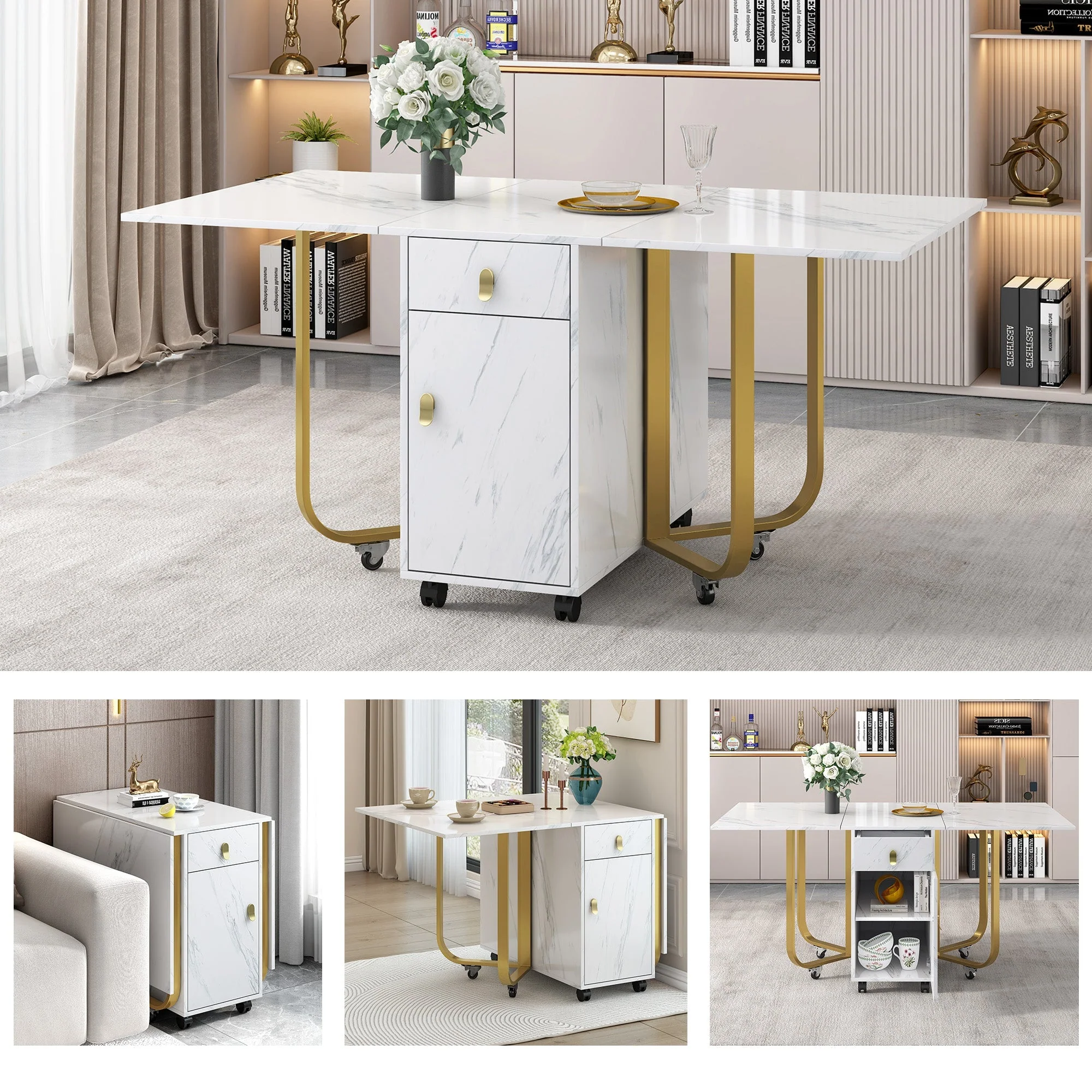 Folding Dining Table with Cupboard & 2 Drawers, Space-Saving Kitchen Utility Table, White/Gold - Image 2