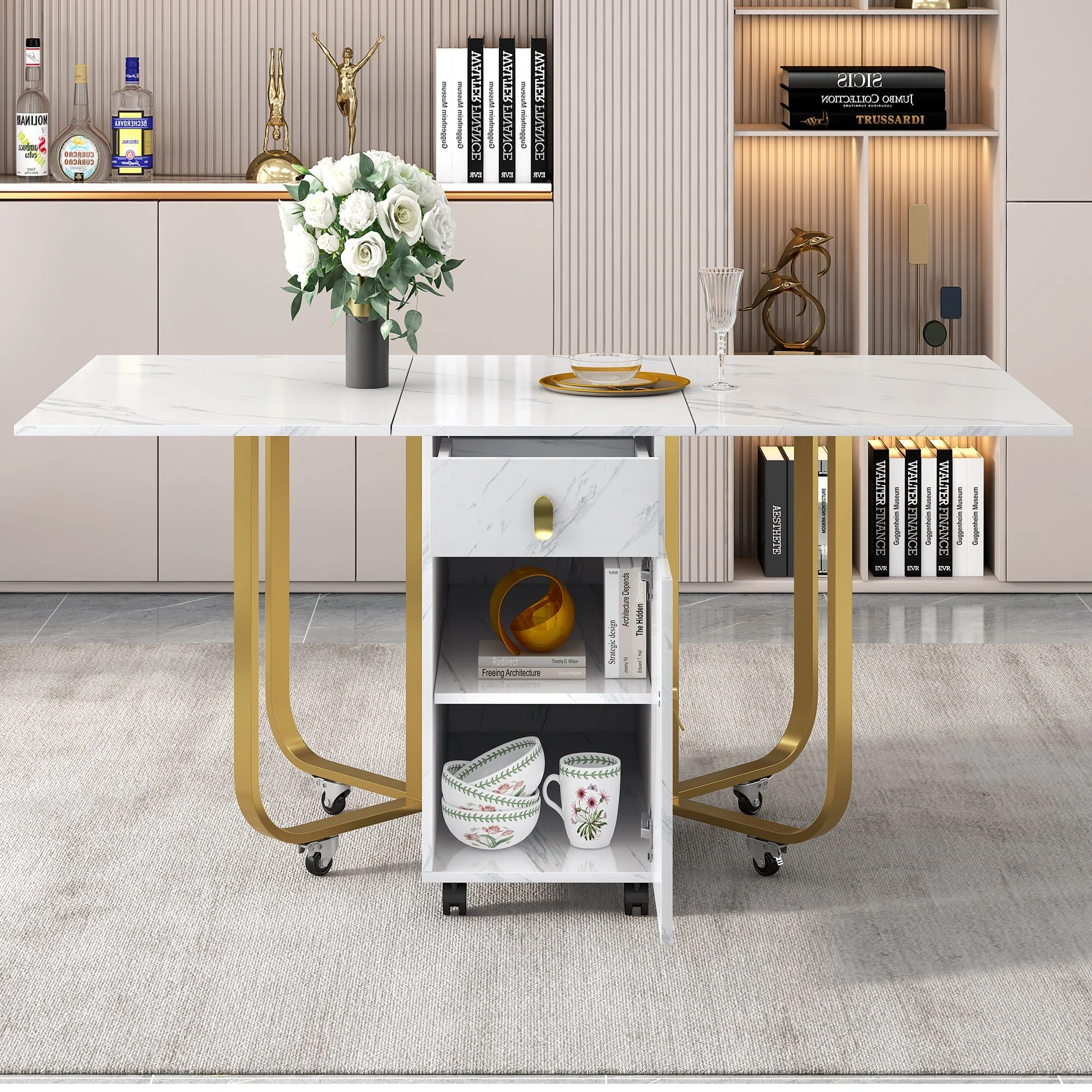 Folding Dining Table with Cupboard & 2 Drawers, Space-Saving Kitchen Utility Table, White/Gold - Image 3