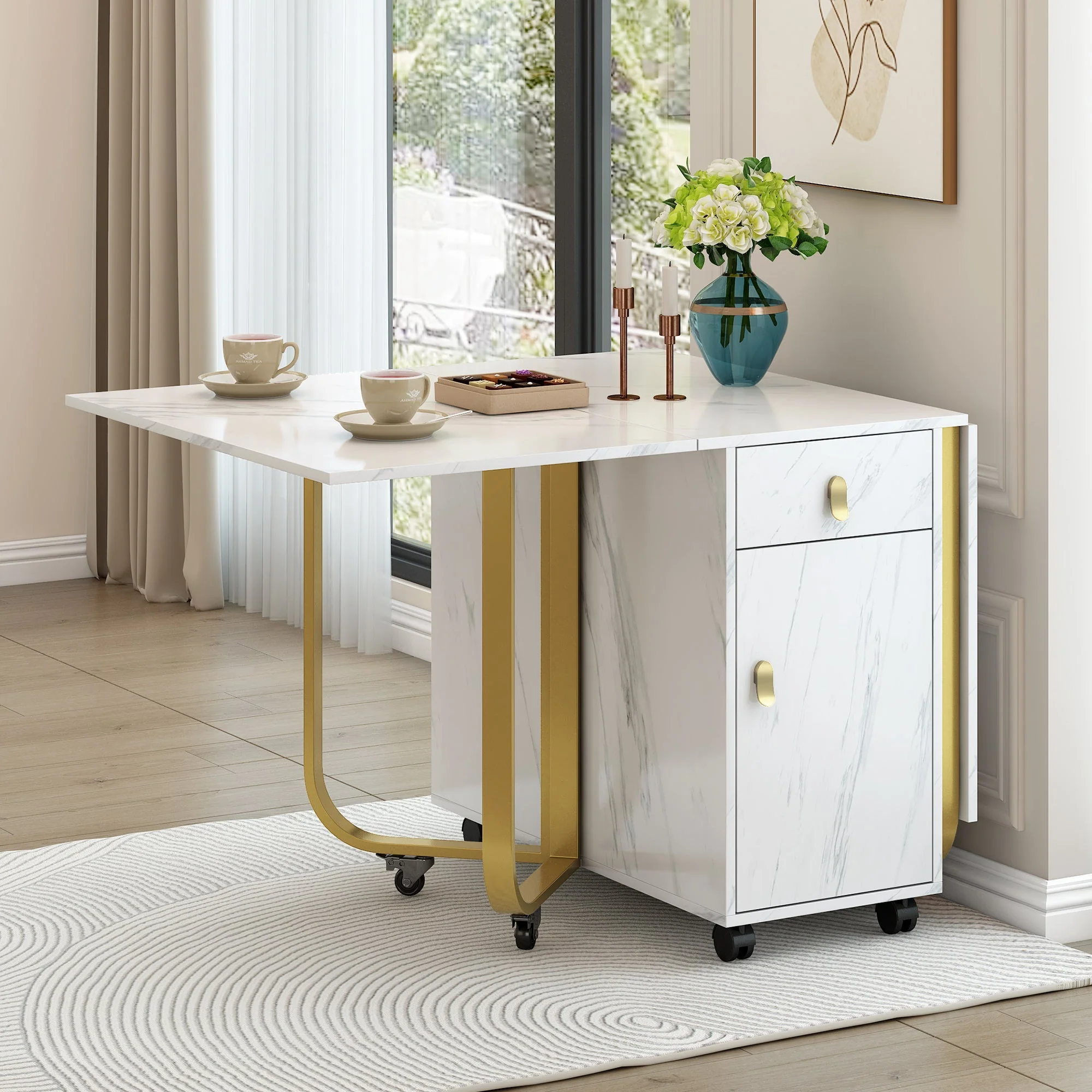 Folding Dining Table with Cupboard & 2 Drawers, Space-Saving Kitchen Utility Table, White/Gold - Image 4