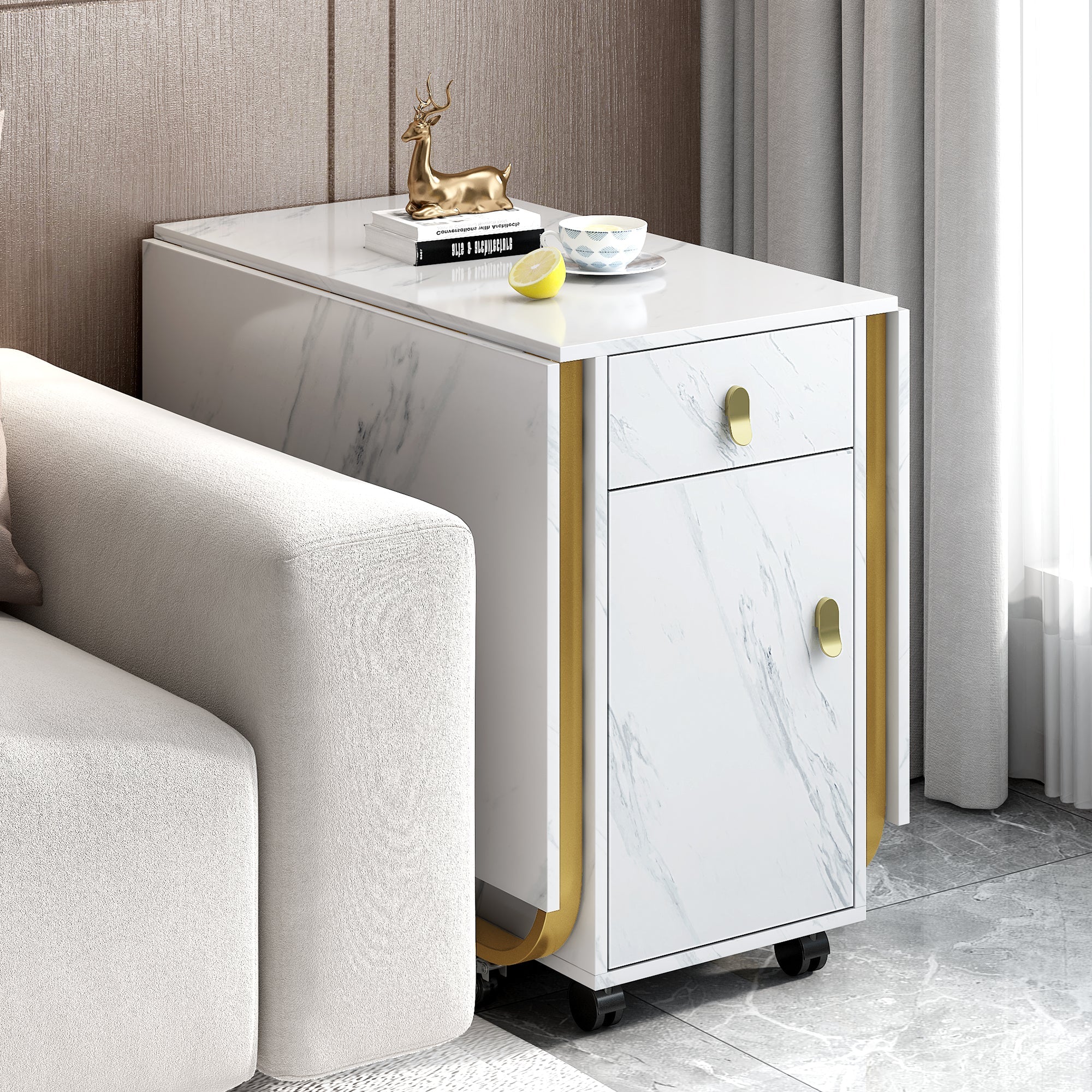 Folding Dining Table with Cupboard & 2 Drawers, Space-Saving Kitchen Utility Table, White/Gold - Image 5