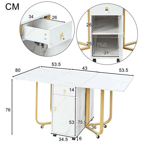 Folding Dining Table with Cupboard & 2 Drawers, Space-Saving Kitchen Utility Table, White/Gold - Image 6