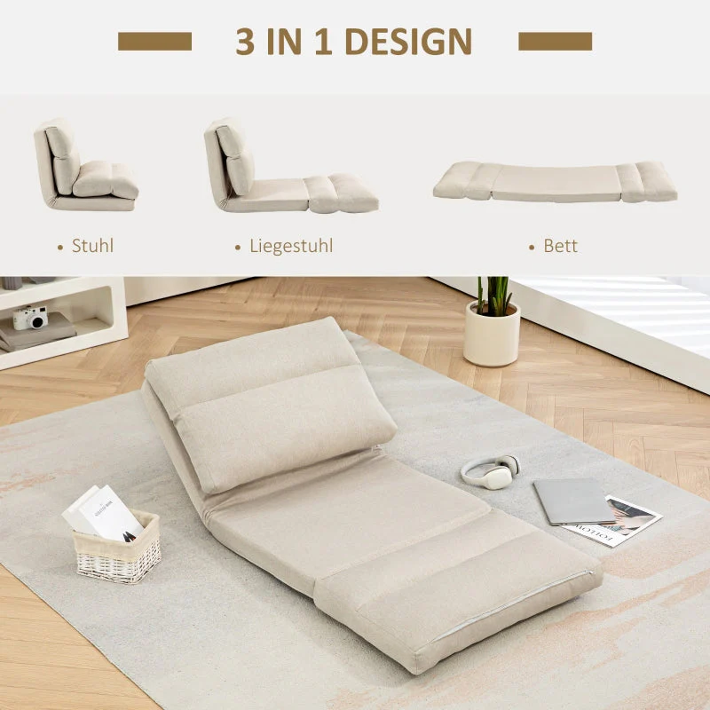Folding Floor Chair, 6-Level Adjustable, Thick Padding, Bed Function, Beige Linen - Image 4