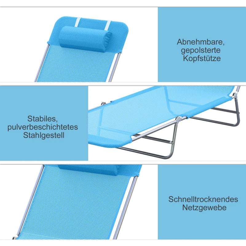 Folding Garden Lounger 5-Position Adjustable Backrest Headrest - Blue - Image 5