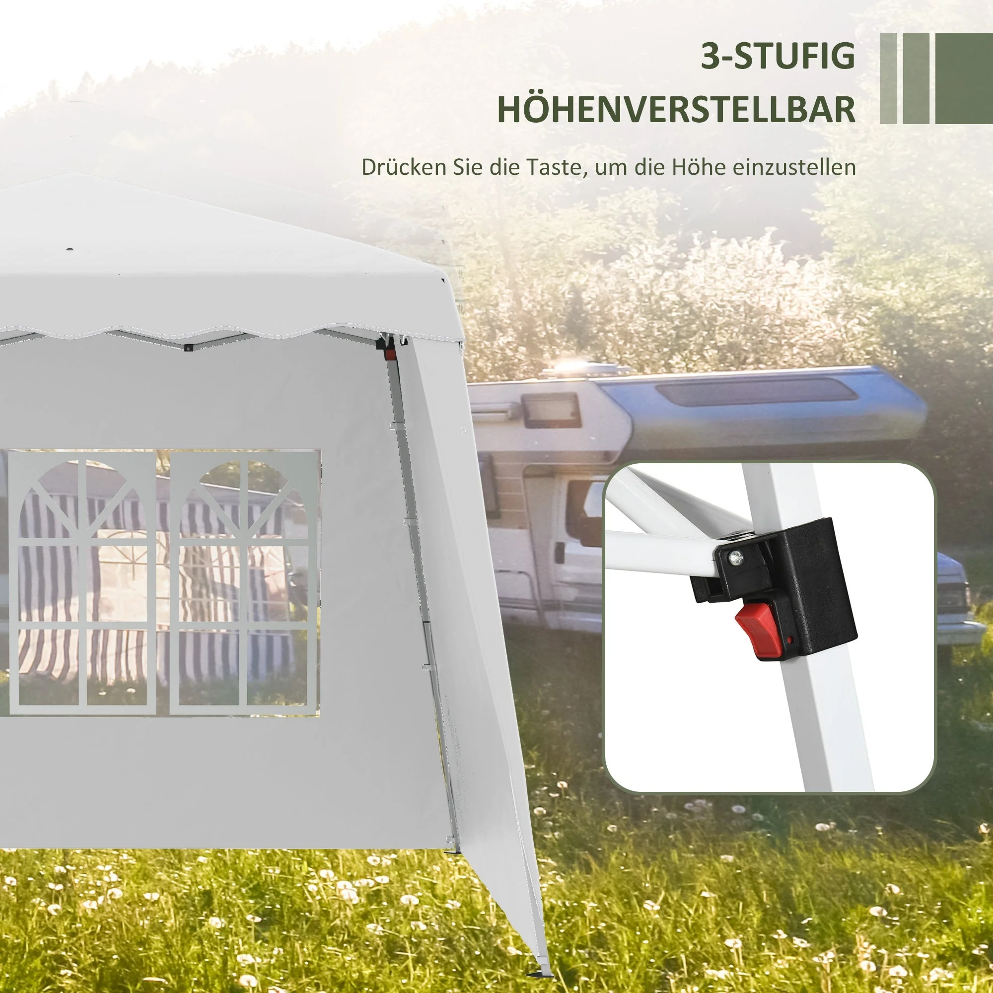 Folding Gazebo, 2.4 x 2.4m, Side Wall, Height-Adjustable, UV Protection, White - Image 6