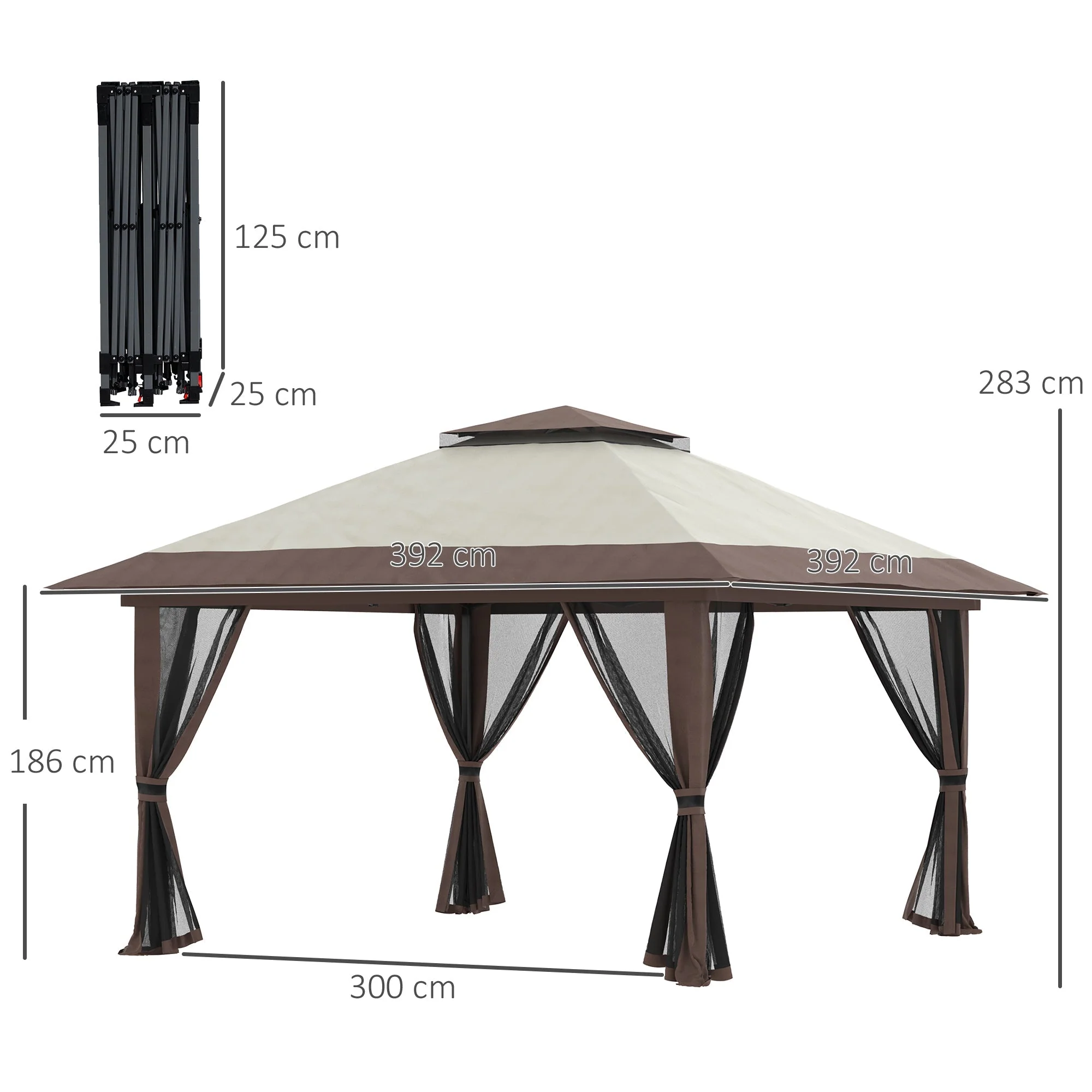 Folding Gazebo 4x4m Height Adjustable UV Protection Net Curtains Double Roof, Beige - Image 3