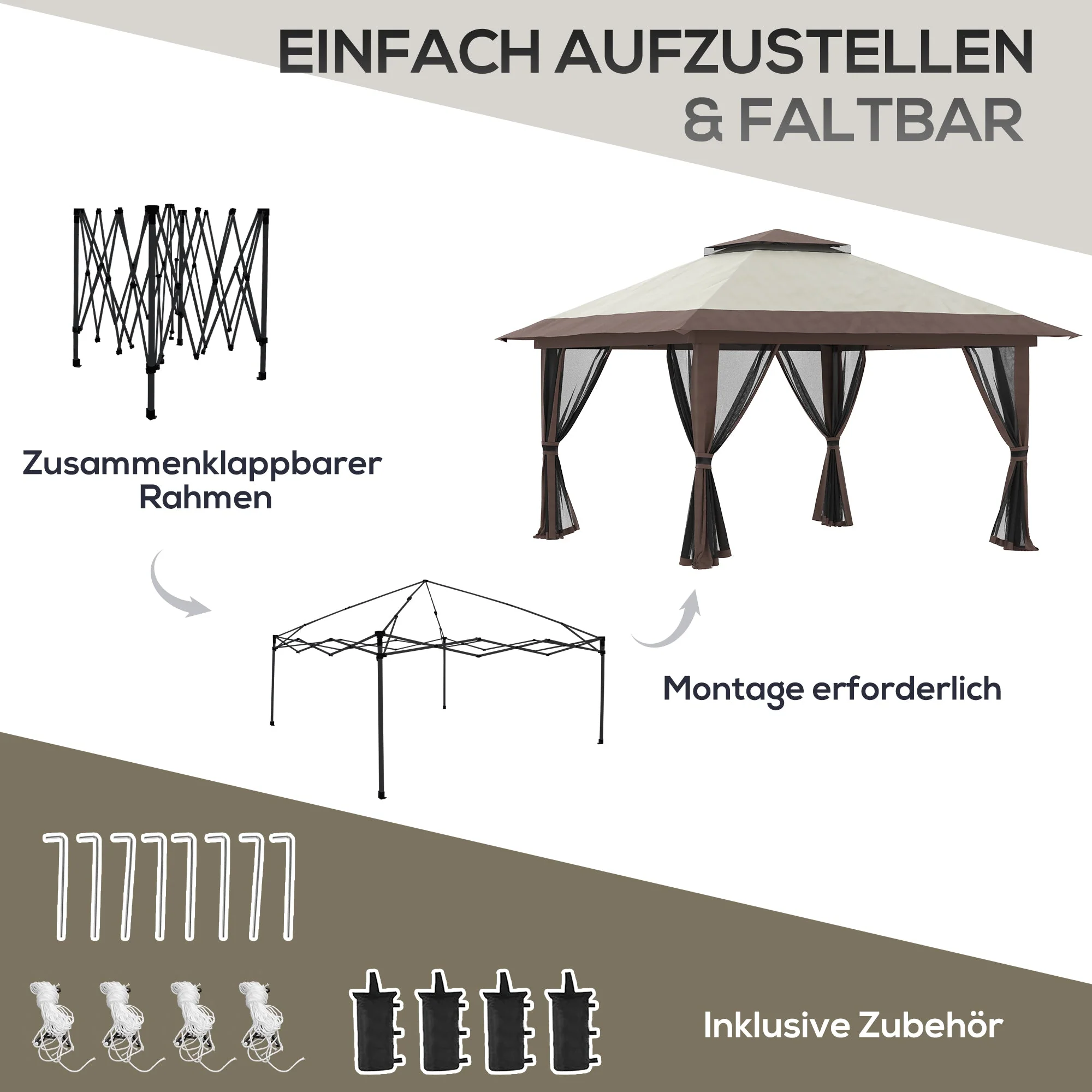 Folding Gazebo 4x4m Height Adjustable UV Protection Net Curtains Double Roof, Beige - Image 5