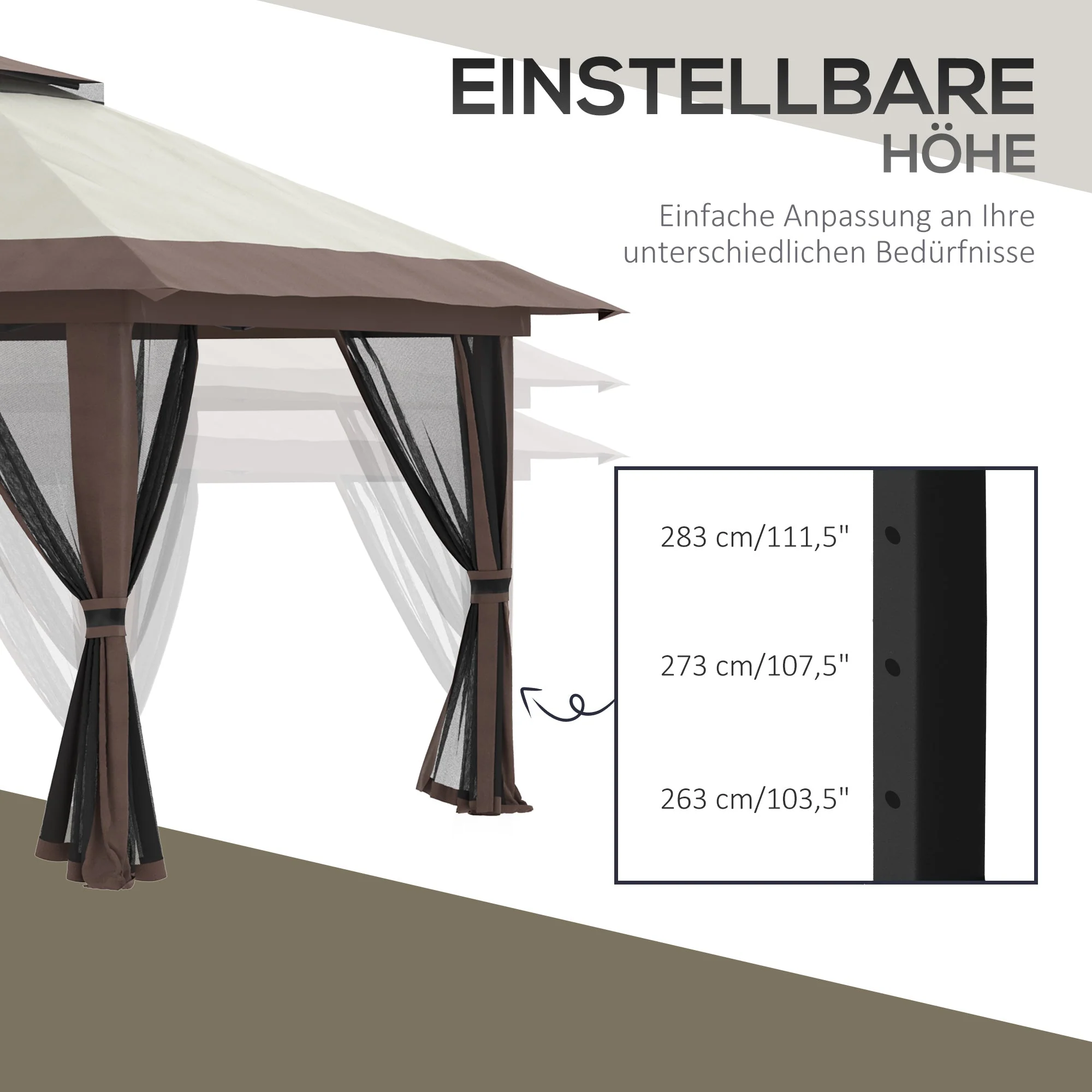 Folding Gazebo 4x4m Height Adjustable UV Protection Net Curtains Double Roof, Beige - Image 6