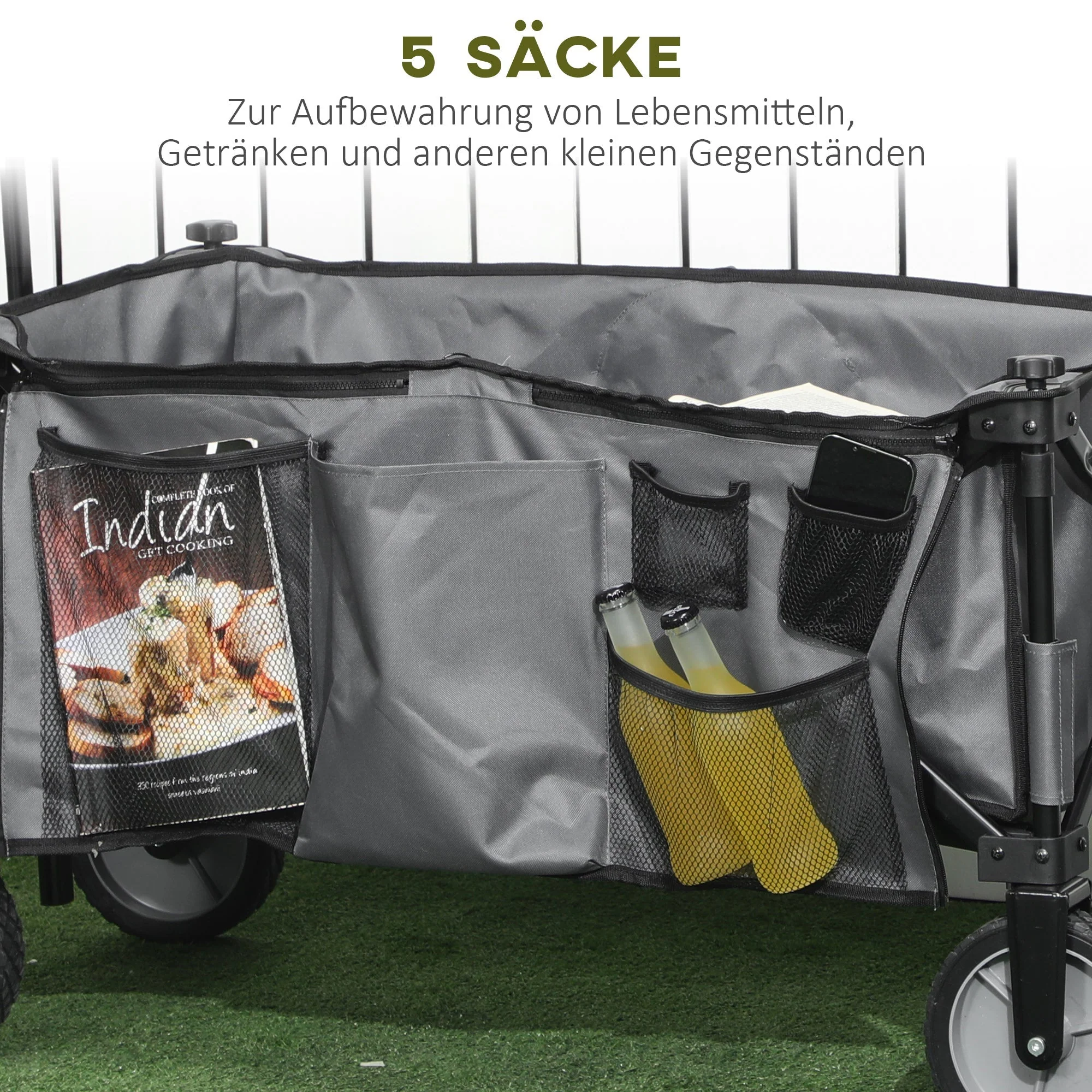 Folding Handcart, 120 kg Load, Adjustable Handle, Side Pockets & Folding Board, Dark Grey - Image 7