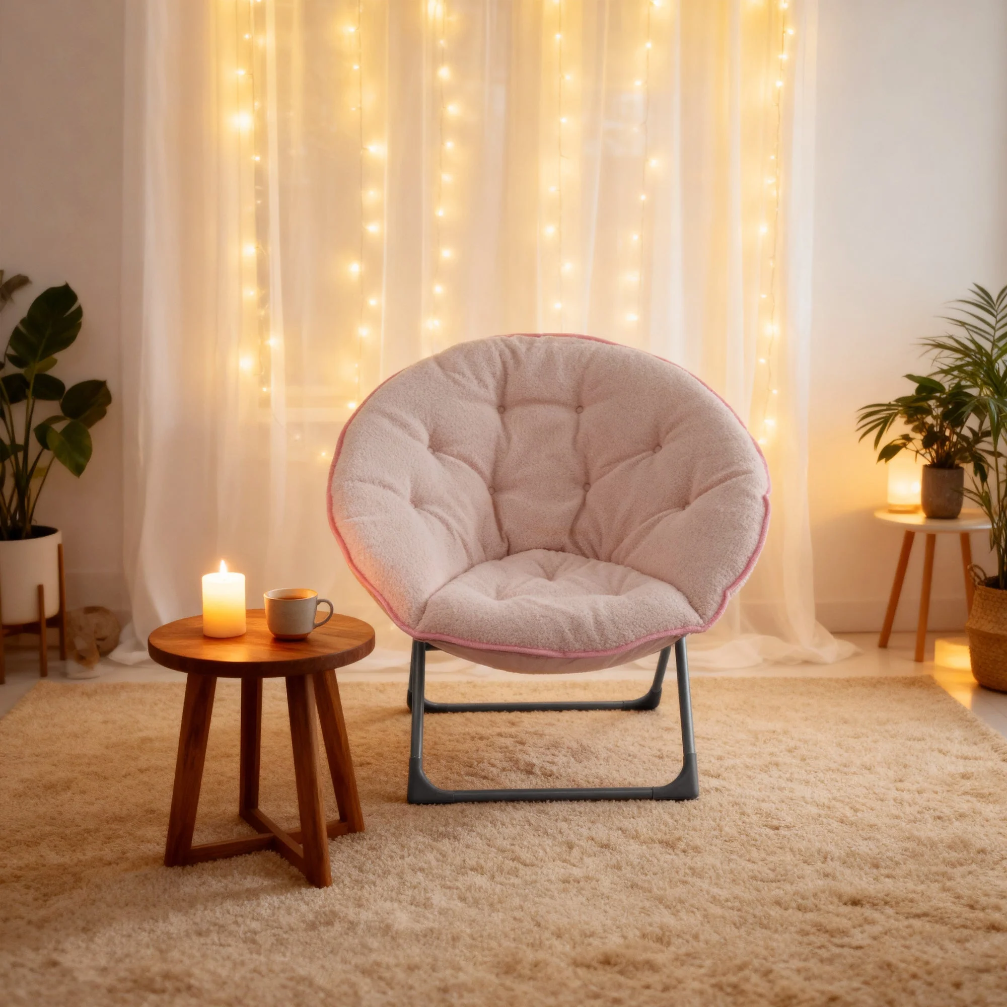 Folding Moon Chair Soft Sheep's Wool Portable - Pink