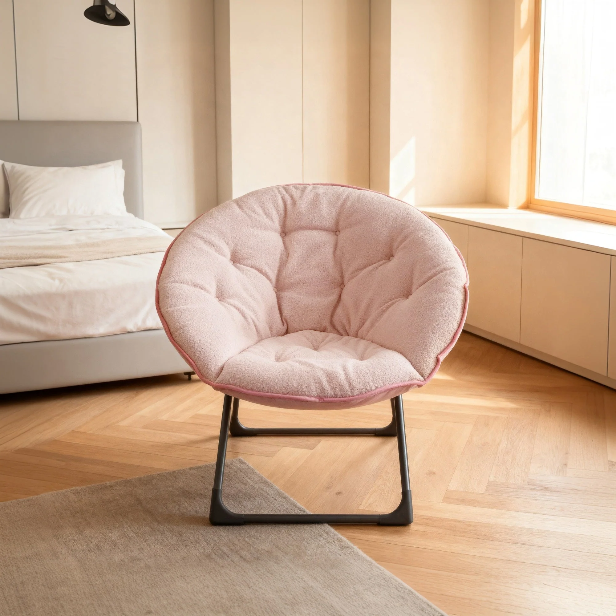 Folding Moon Chair Soft Sheep's Wool Portable - Pink - Image 3