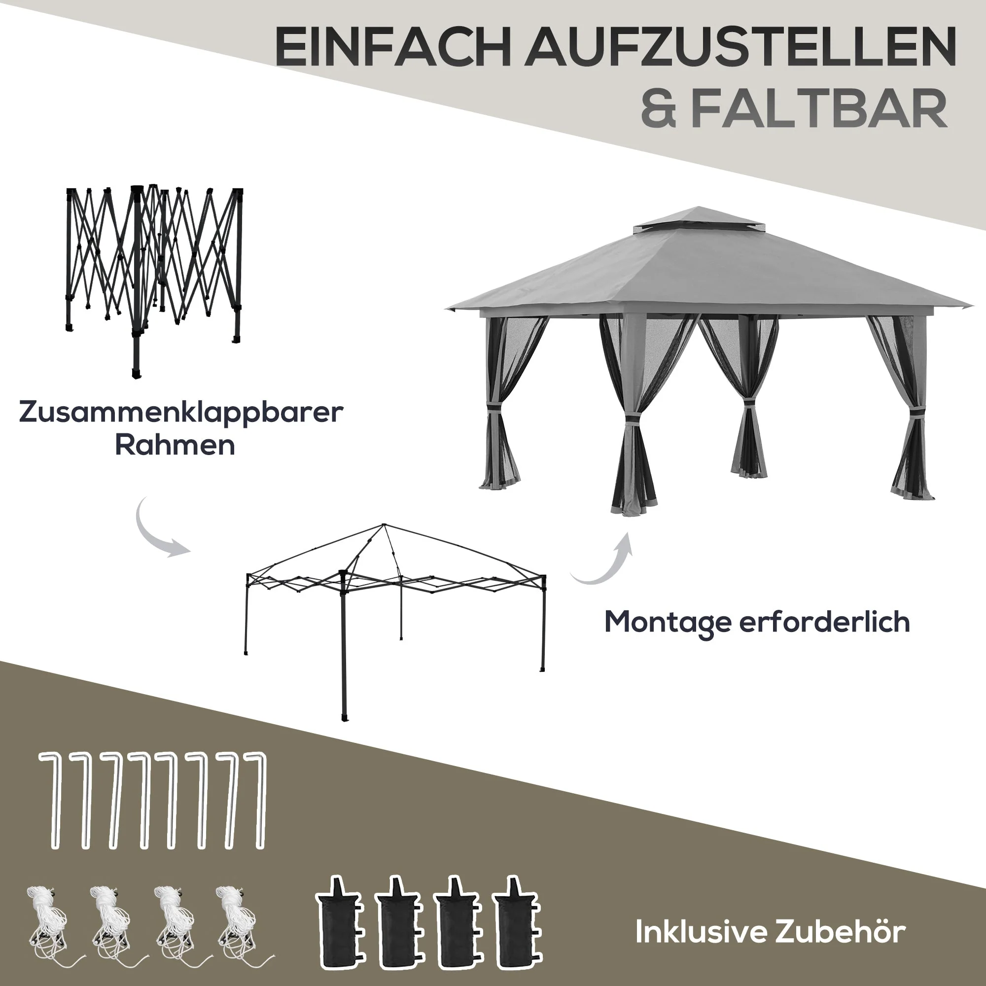Folding Pavilion 4x4m Pop-Up Double Roof UV Protection Mesh Walls Dark Grey - Image 5