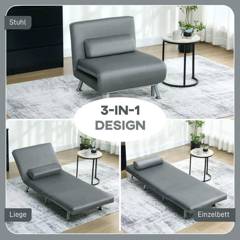 Folding Recliner Chair, Bed Function, Adjustable Backrest, Velvet, Grey - Image 4