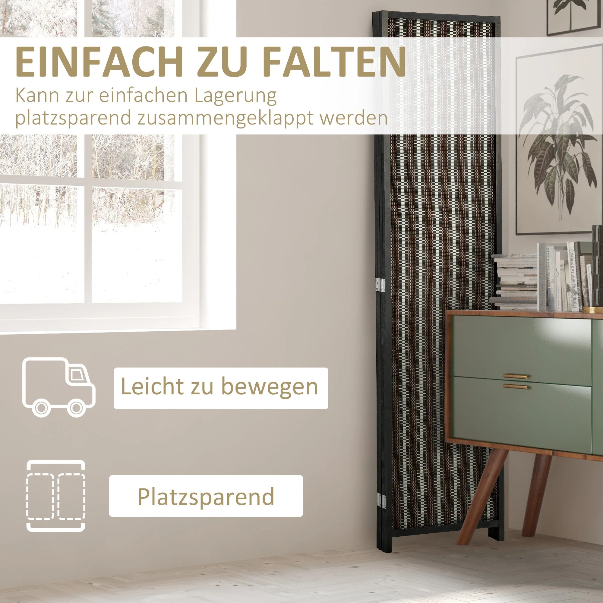 Folding Screen 4-Part, 180 x 180 cm Room Divider, Brown Bamboo - Image 5