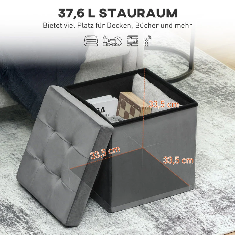 Folding Storage Stool with Storage Box, Foam, MDF, Grey - Image 4