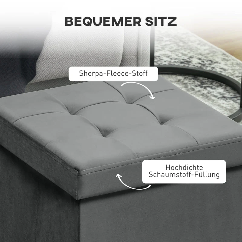 Folding Storage Stool with Storage Box, Foam, MDF, Grey - Image 5