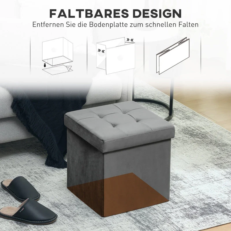 Folding Storage Stool with Storage Box, Foam, MDF, Grey - Image 6