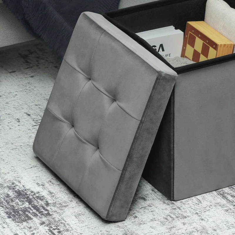 Folding Storage Stool with Storage Box, Foam, MDF, Grey - Image 8
