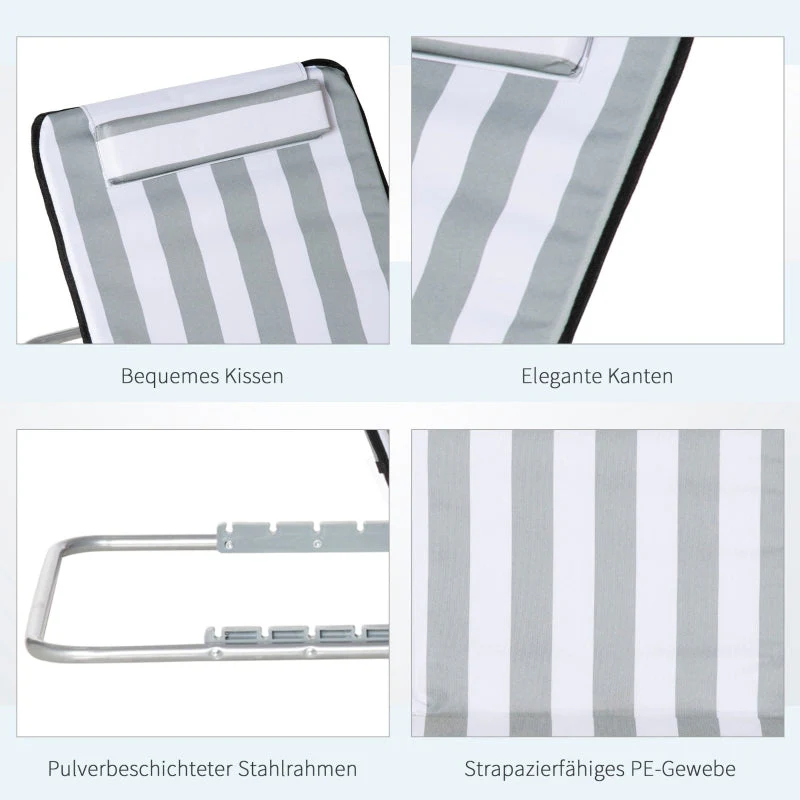 Folding Sun Lounger Adjustable Backrest Headrest Carrying Bag - Light Grey - Image 7