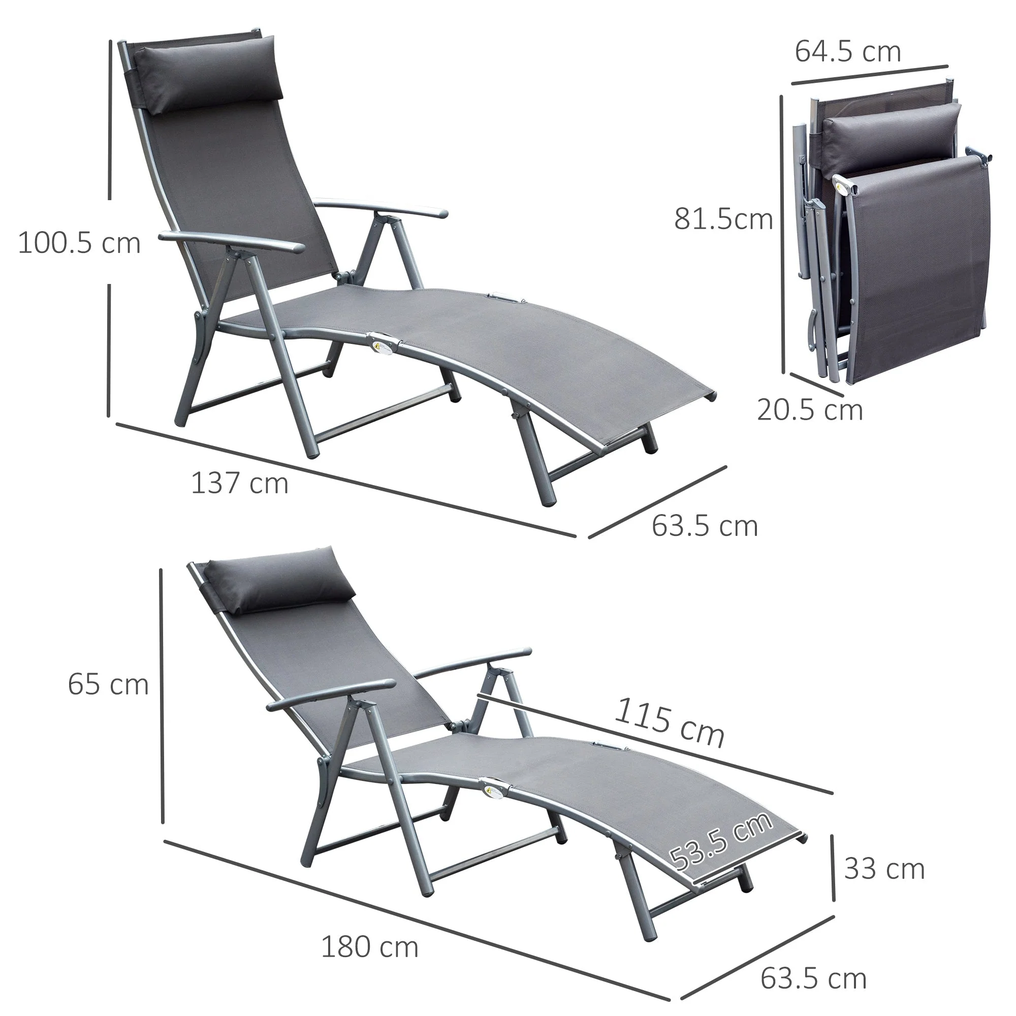 Folding Sun Lounger Deck Chair with Cushion, 7-Position Adjustable - Grey - Image 3