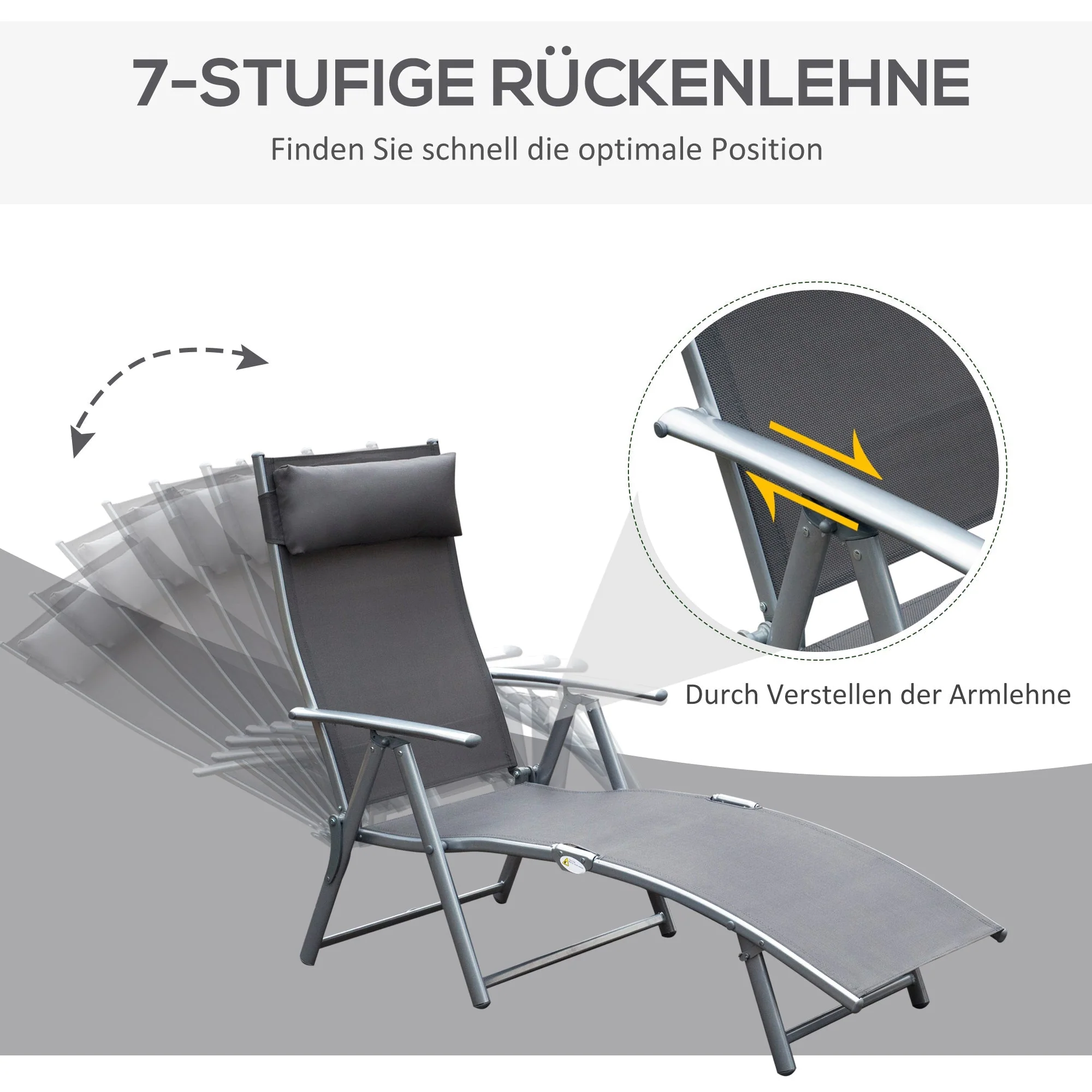 Folding Sun Lounger Deck Chair with Cushion, 7-Position Adjustable - Grey - Image 4