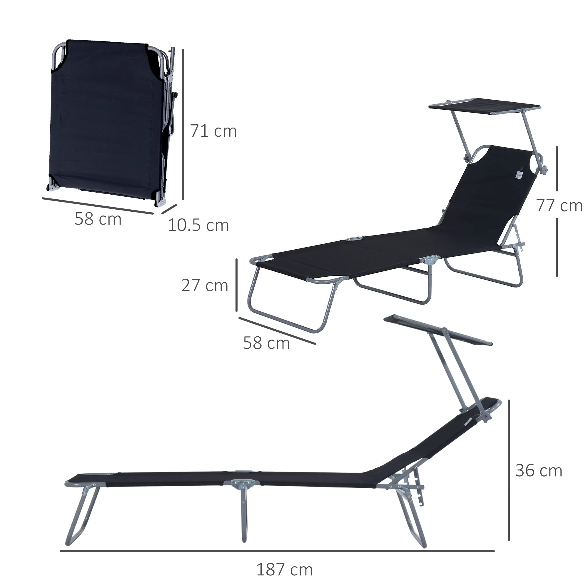 Folding Sun Lounger with Sunshade, 187x58x36 cm, Black - Image 3