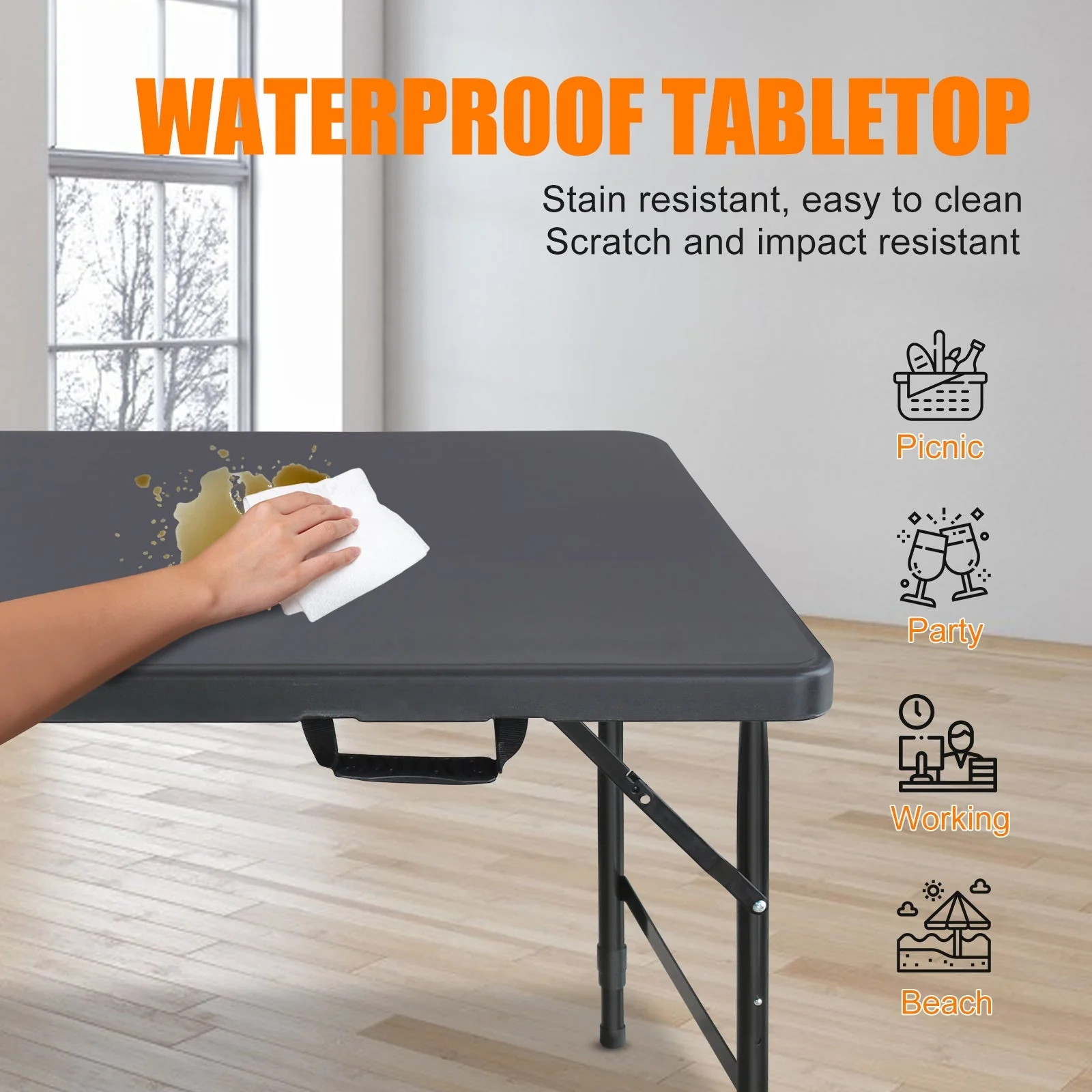 Folding Table 125cm, Portable Heavy Duty, Black - Image 4