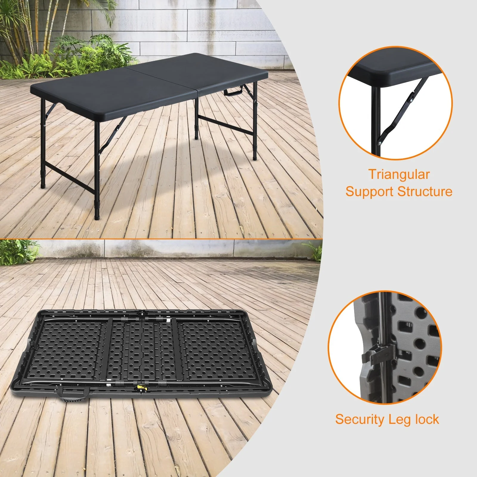 Folding Table 125cm, Portable Heavy Duty, Black - Image 5