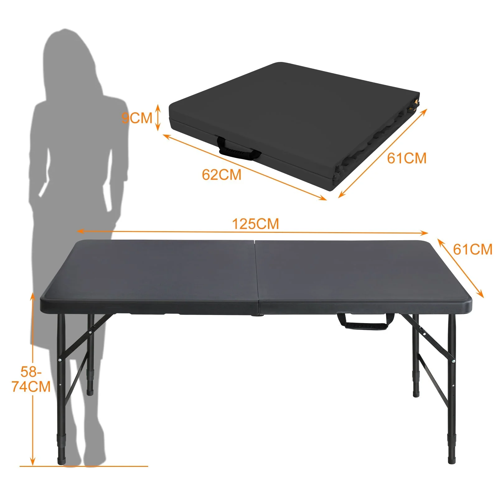 Folding Table 125cm, Portable Heavy Duty, Black - Image 7